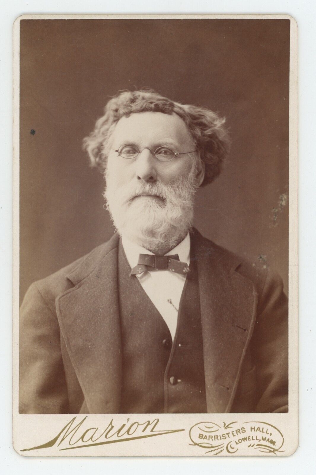 Antique c1890s ID'd Cabinet Card Beard Man Named Daniel Mills Glasses Lowell, MA