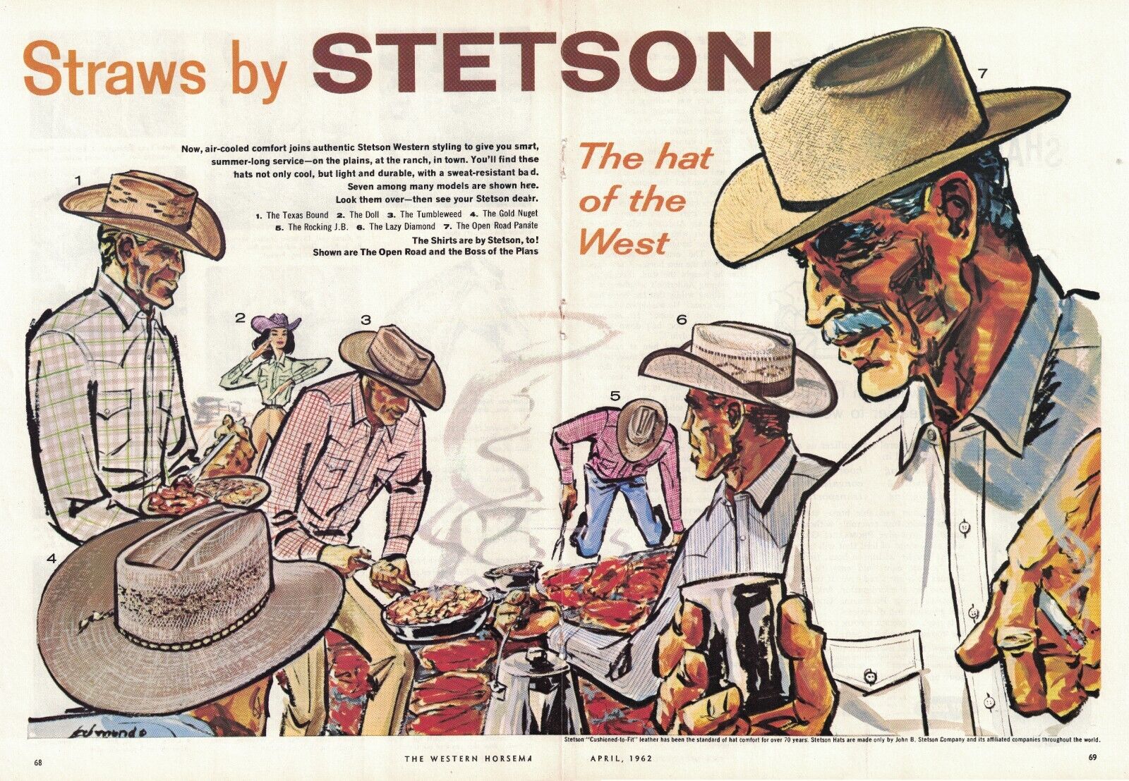 Stetson Hats of the West Cowboy Chow Horse Ranch Hands 1962 Vtg Print Ad