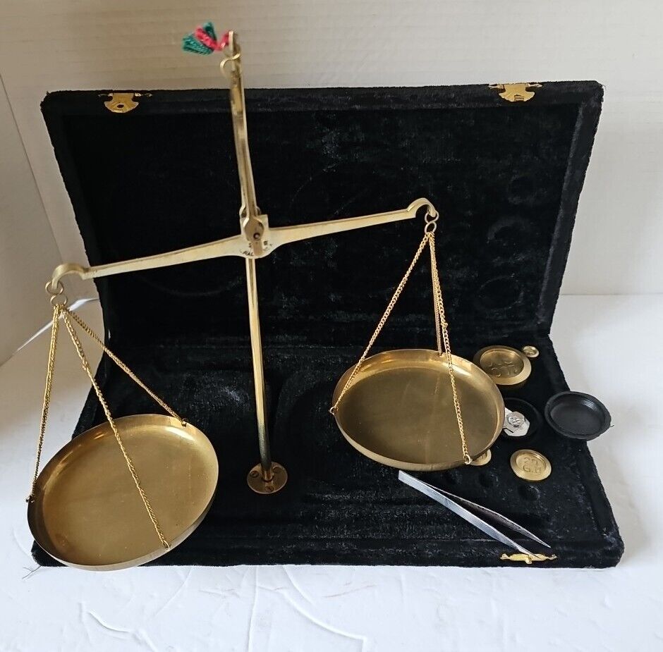 Vintage Brass Portable Balance Scale Set With Velvet Case Weights & Tweezers