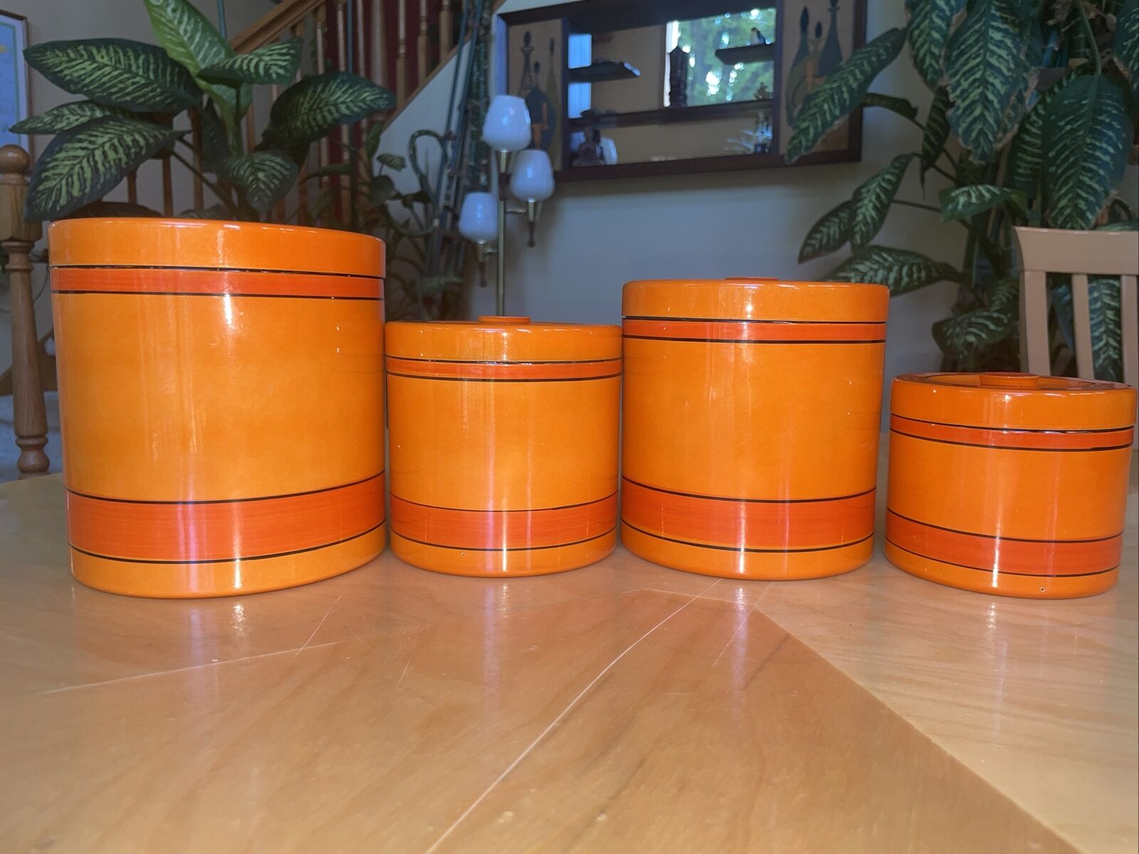 Vintage 1970s Orange Hand Painted Lacquerware Nesting Canister Set Of 4 Rare A+