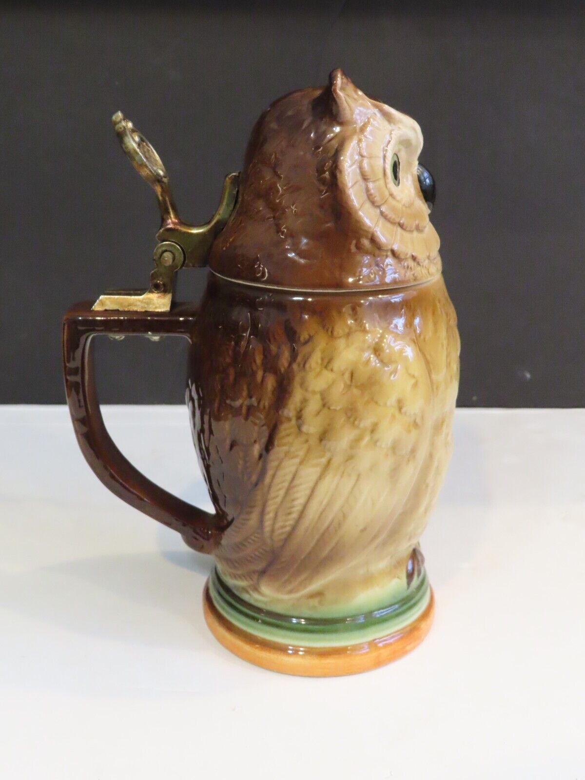 Vintage German Owl Ceramic Pottery Lidded Beer Stein With Pewter Thumb Lift