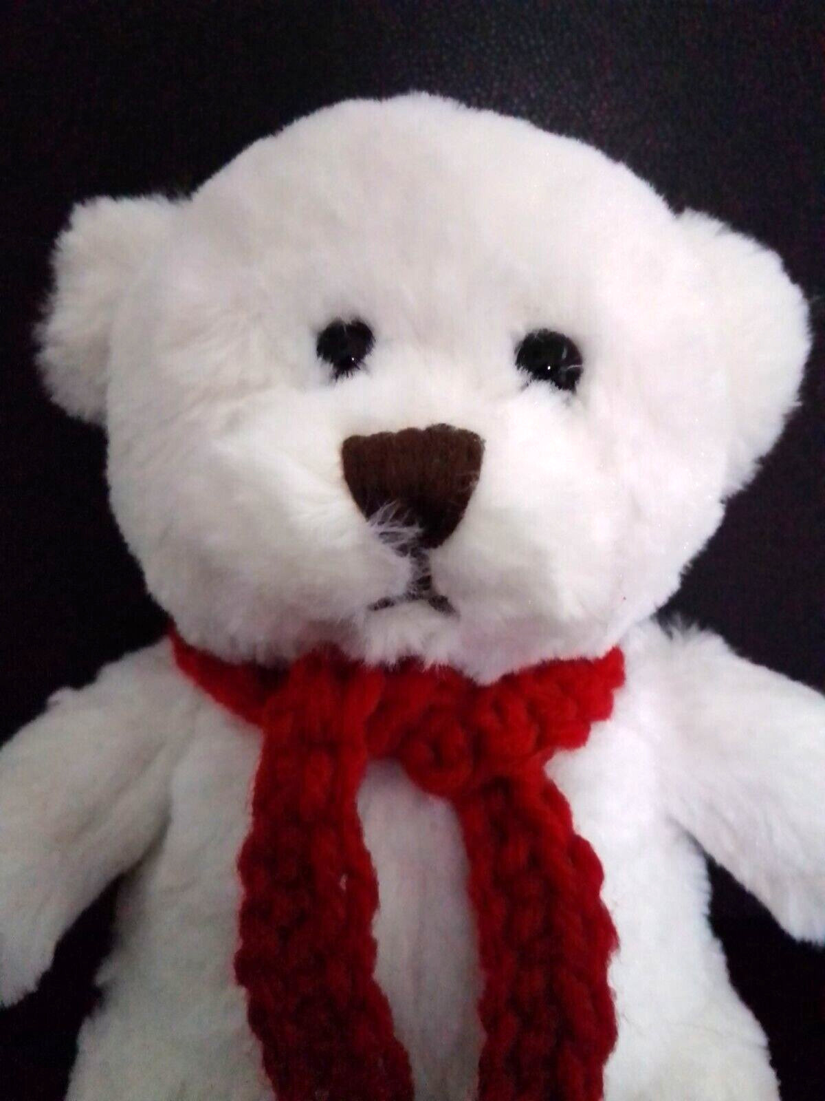 Teddy Bear Plush White Hand Crochet Red Scarf Soft Very Cute NEW