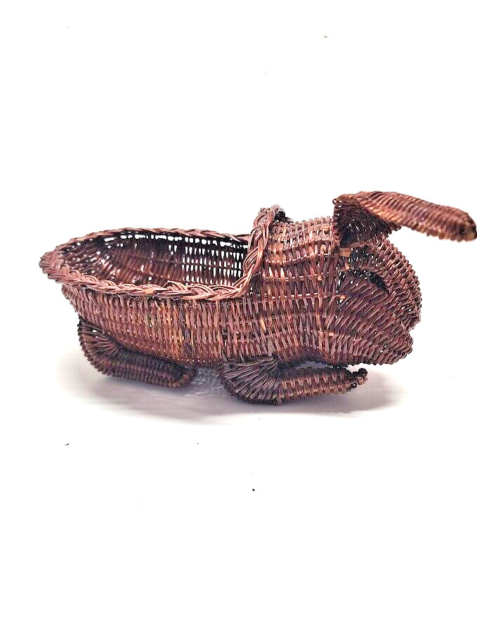 Vintage Wicker Bunny Planter, Woven Rabbit, Intricate Rattan Basket Easter Decor