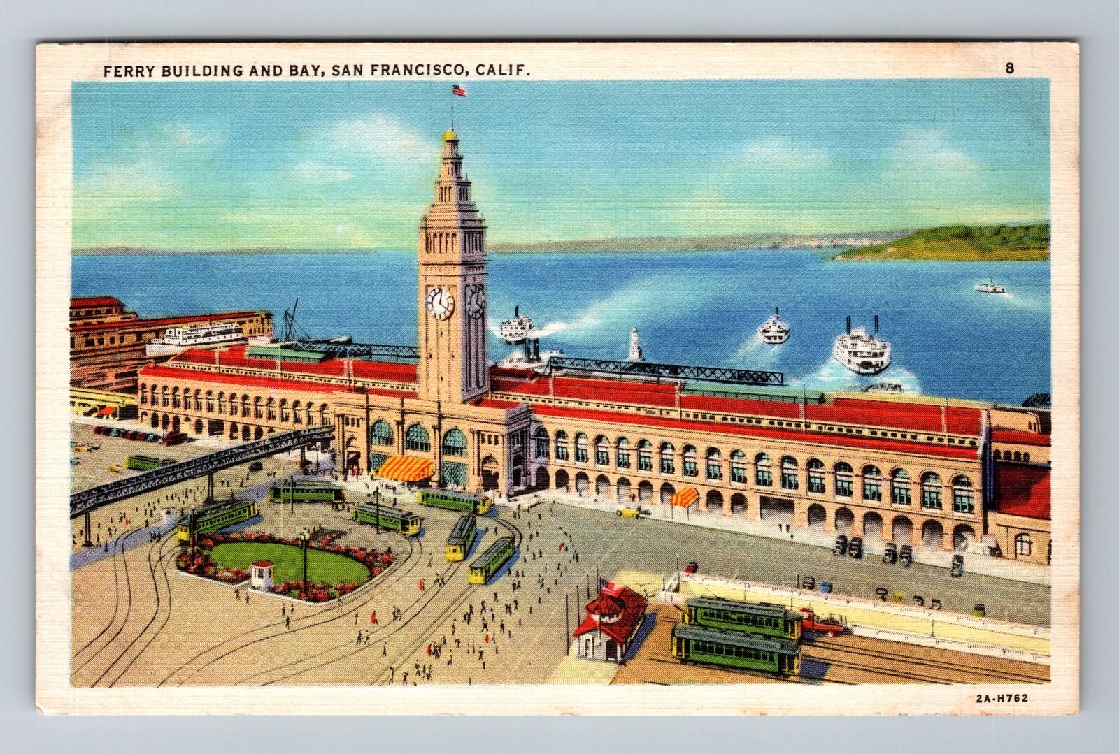 San Francisco CA-California, Ferry Building & Bay, Clock Tower, Vintage Postcard