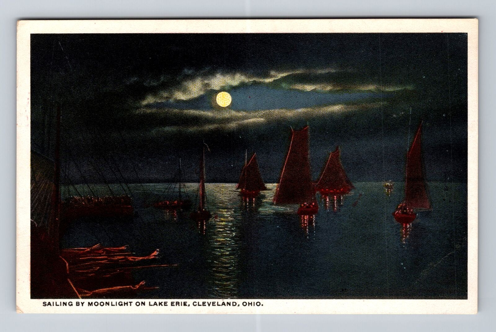Cleveland OH-Ohio, Sailing By Moonlight On Lake Erie, Antique, Vintage Postcard
