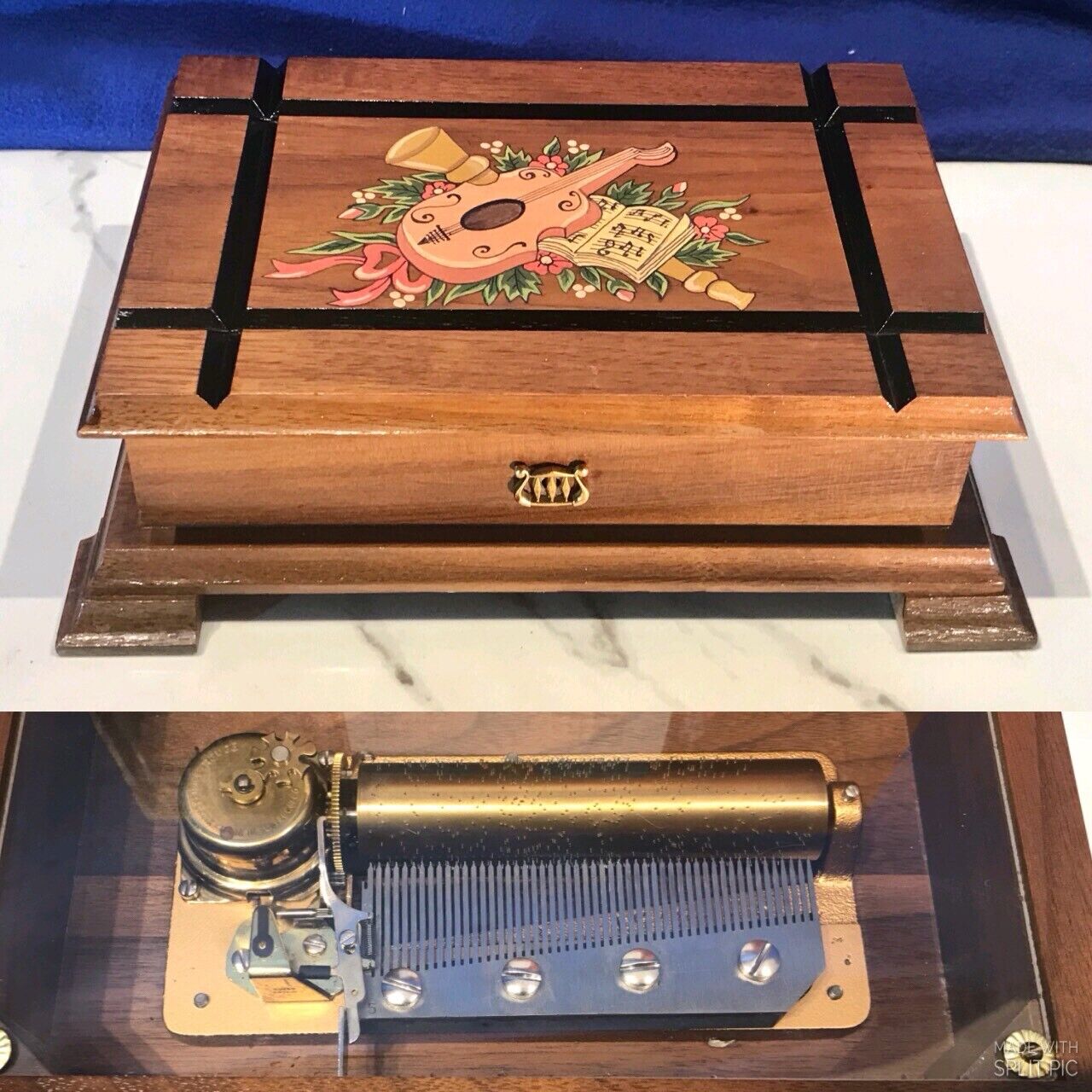 Vintage Key Wind SWISS REUGE cylinder music box ,4 Airs Song,Walnut & Glass Case
