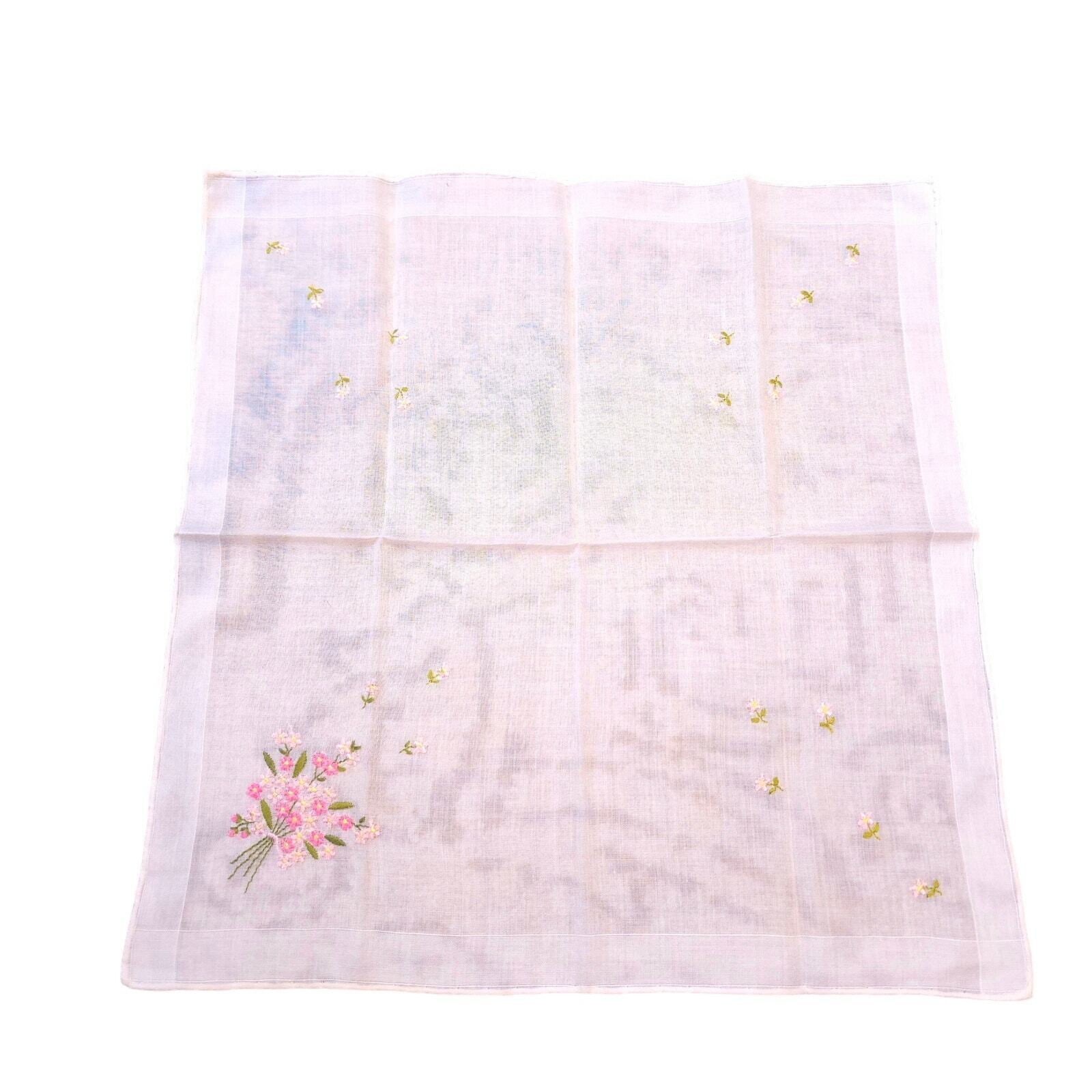 Vintage Handmade Floral Pink Embroidered Handkerchief White