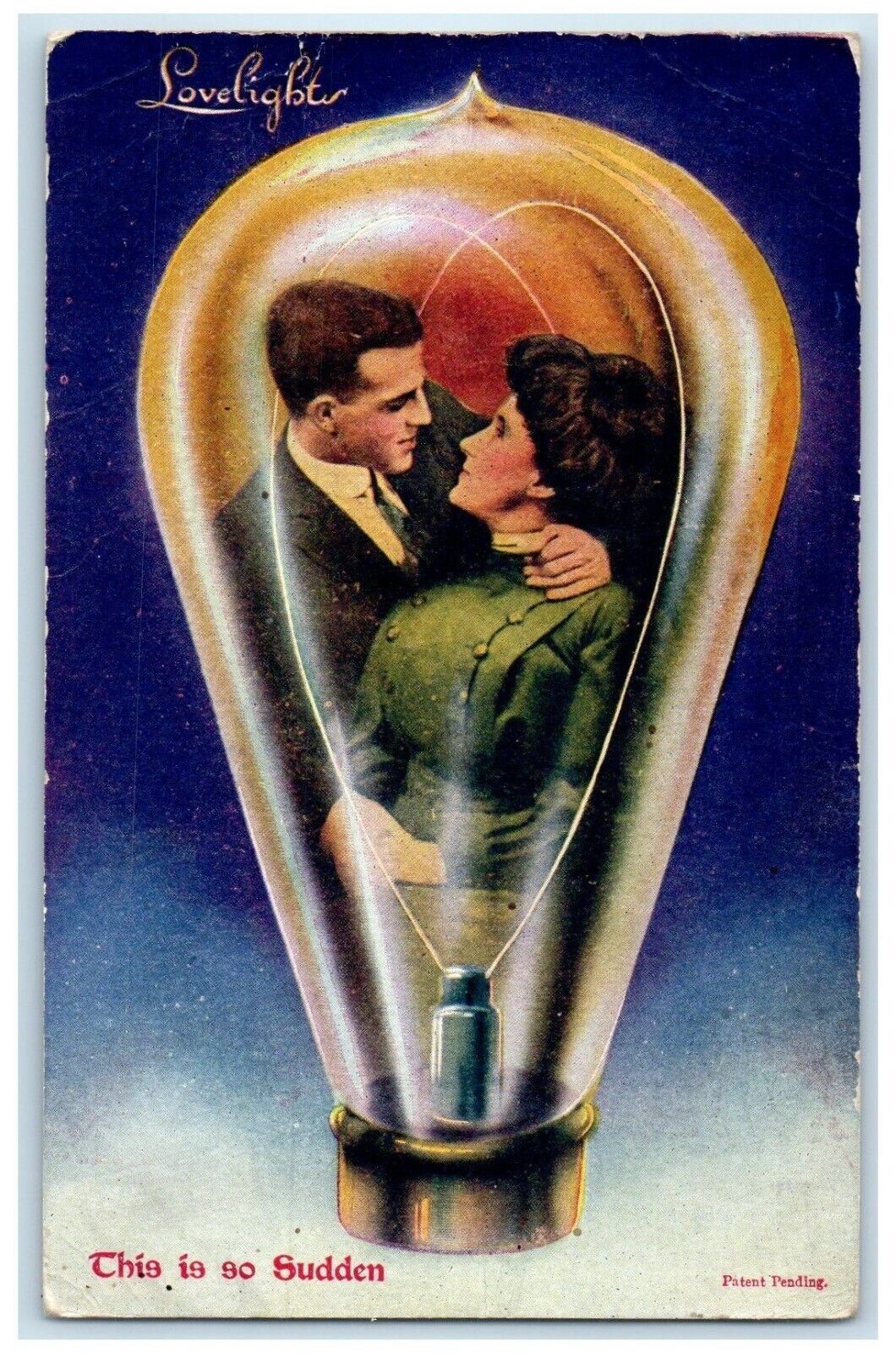c1910's Sweet Couple Romance Lovelights Lightbulb This Is So Sudden Postcard