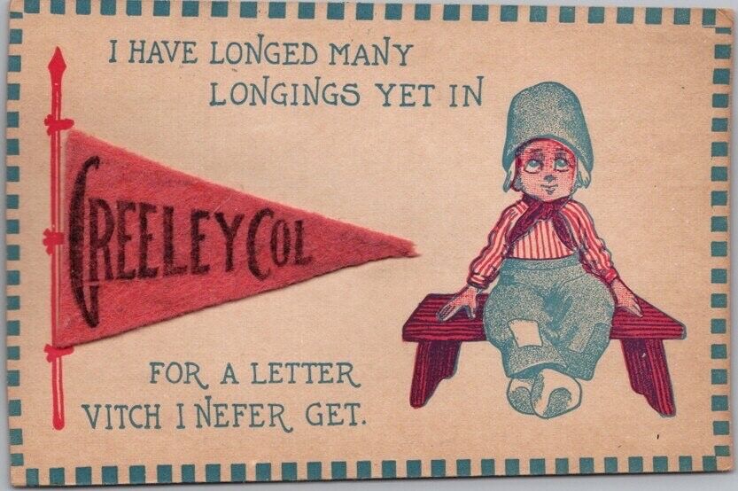 Vintage 1910s GREELEY, Colorado Greetings Postcard Dutch Boy. Real Felt Pennant