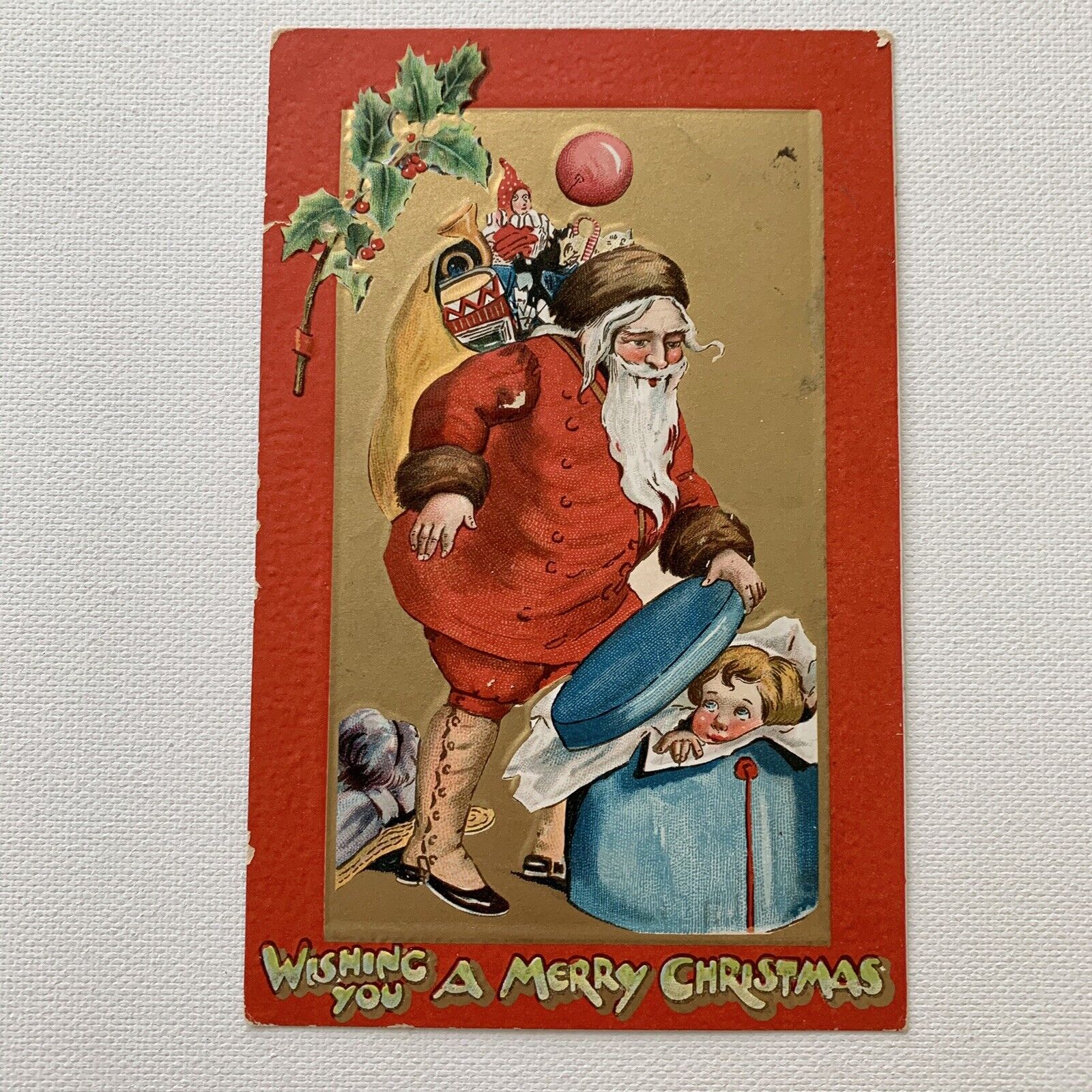 Antique Tuck’s Embossed Christmas Postcard Santa Brown Fur Hat Robe Crimson 501