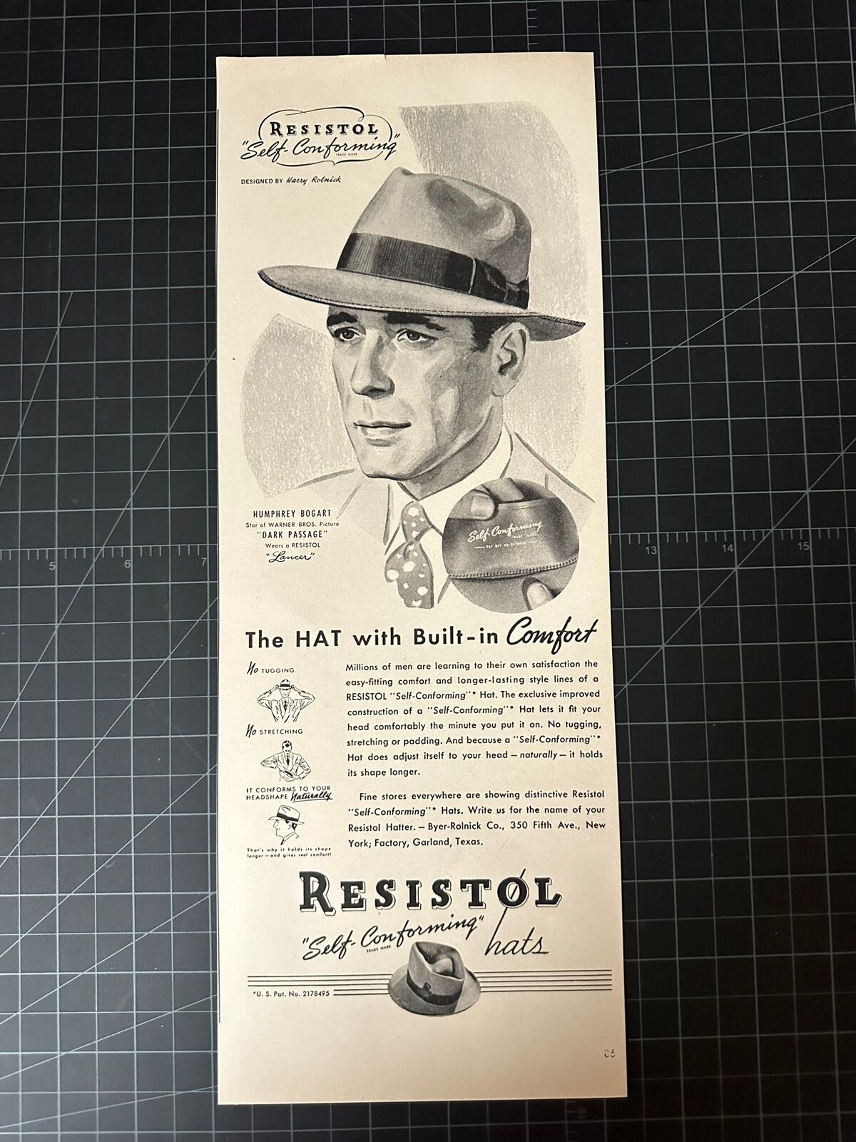 Vintage 1940s Resistol Hats Print Ad - Humphrey Bogart