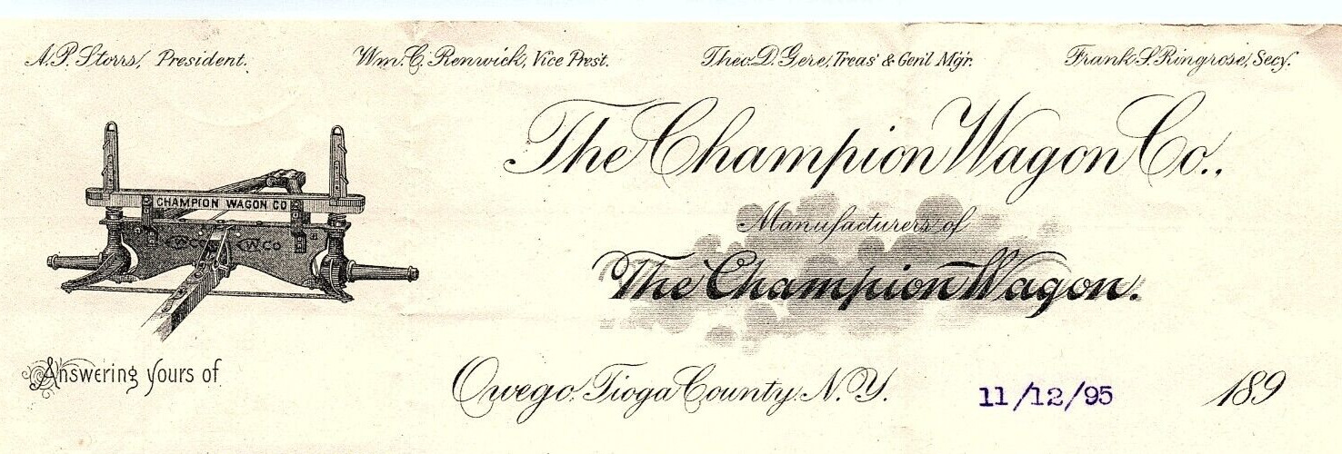 1895 THE CHAMPION WAGON CO OWEGO TIOGA COUNTY NEW YORK EARLY BILLHEAD Z5874