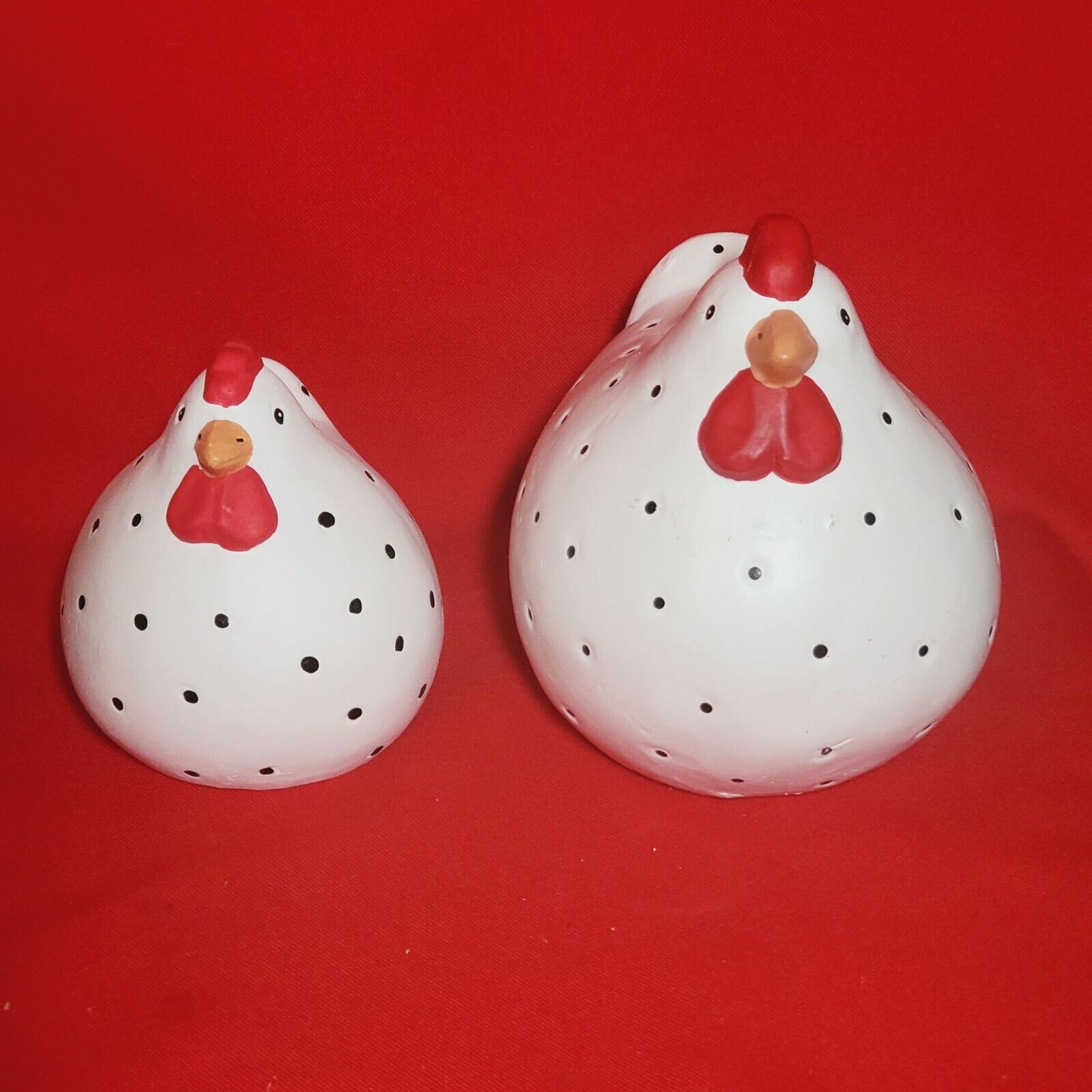 Dotted White Clay Chicken Hen Figurine Farmhouse Decor Set of 2