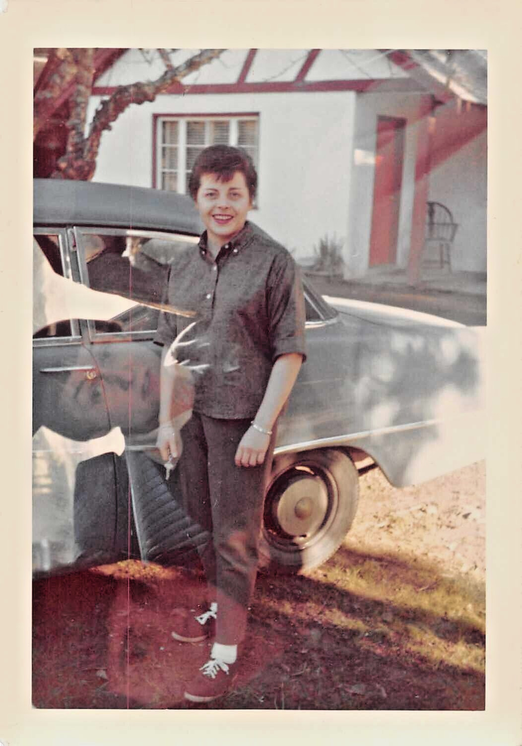 1970'S  photo LOT x2   COLOR DOUBLE EXPOSURE VINTAGE CAR WOMAN'S HEAD + SAME GAL