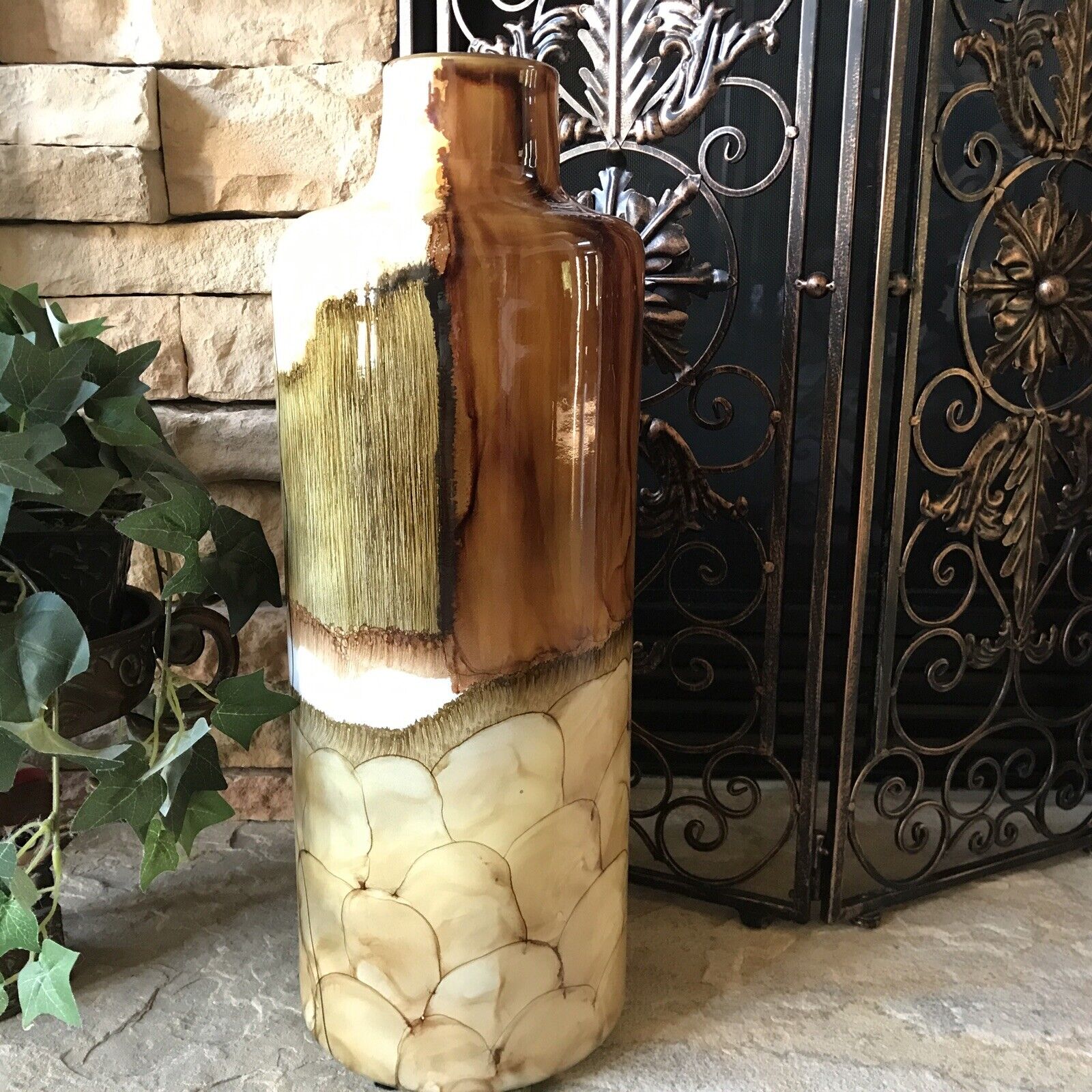 Hand Blown Glass Vase Large Vintage Brown Cream Mexican Abstract Painted Rare