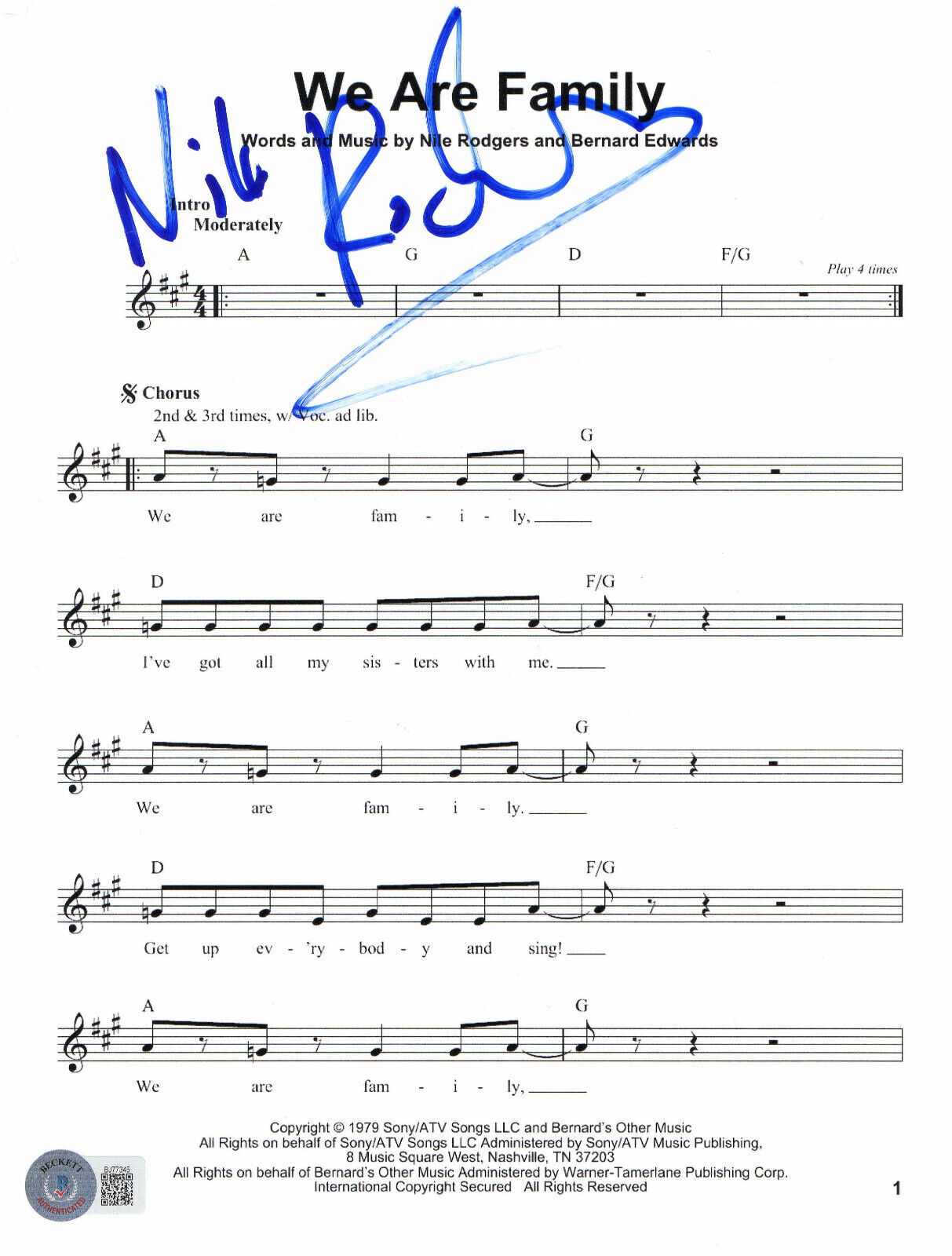 NILE RODGERS SIGNED AUTOGRAPH WE ARE FAMILY MUSIC SHEET BECKETT BAS CHIC