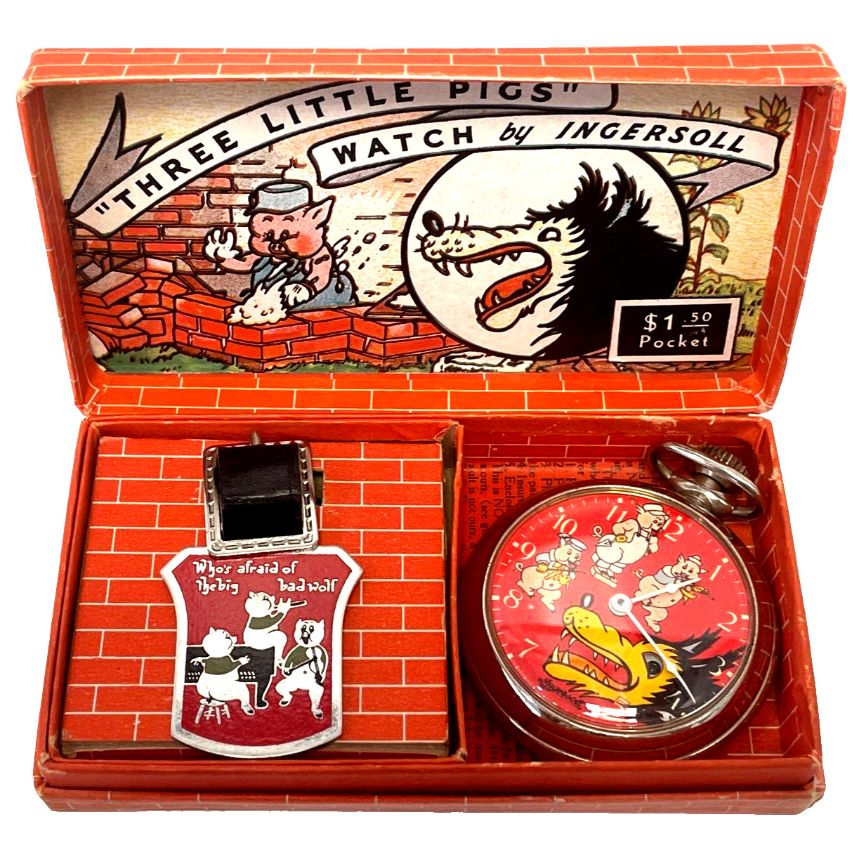 1934 Big Bad Wolf and The Three Little Pigs Pocket Watch Made by INGERSOLL