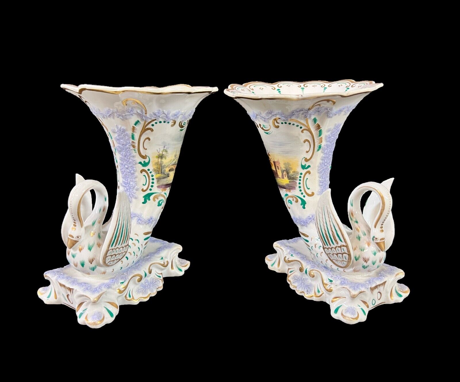 Pair of Continental Cornucopia Porcelain Swan Vases
