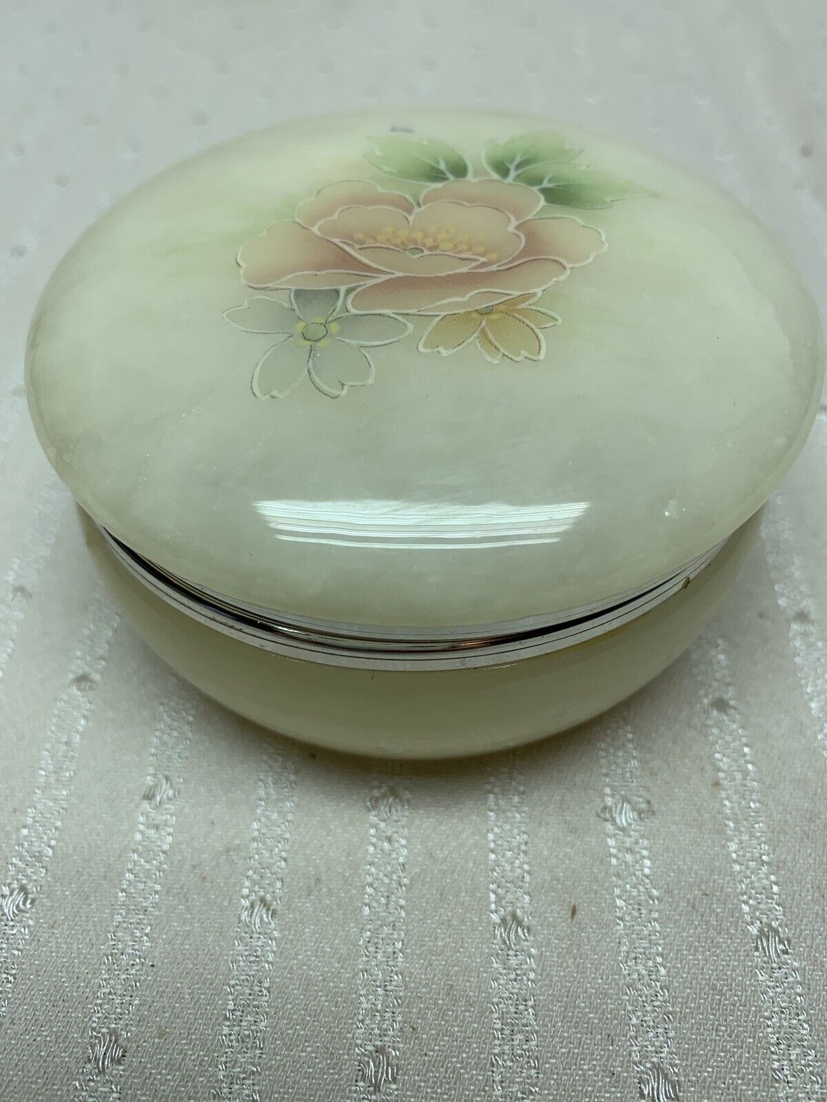 Vintage Trinket Box Alabaster Made In Italy  Gold Tone And Floral 3.5”x2”t Stone