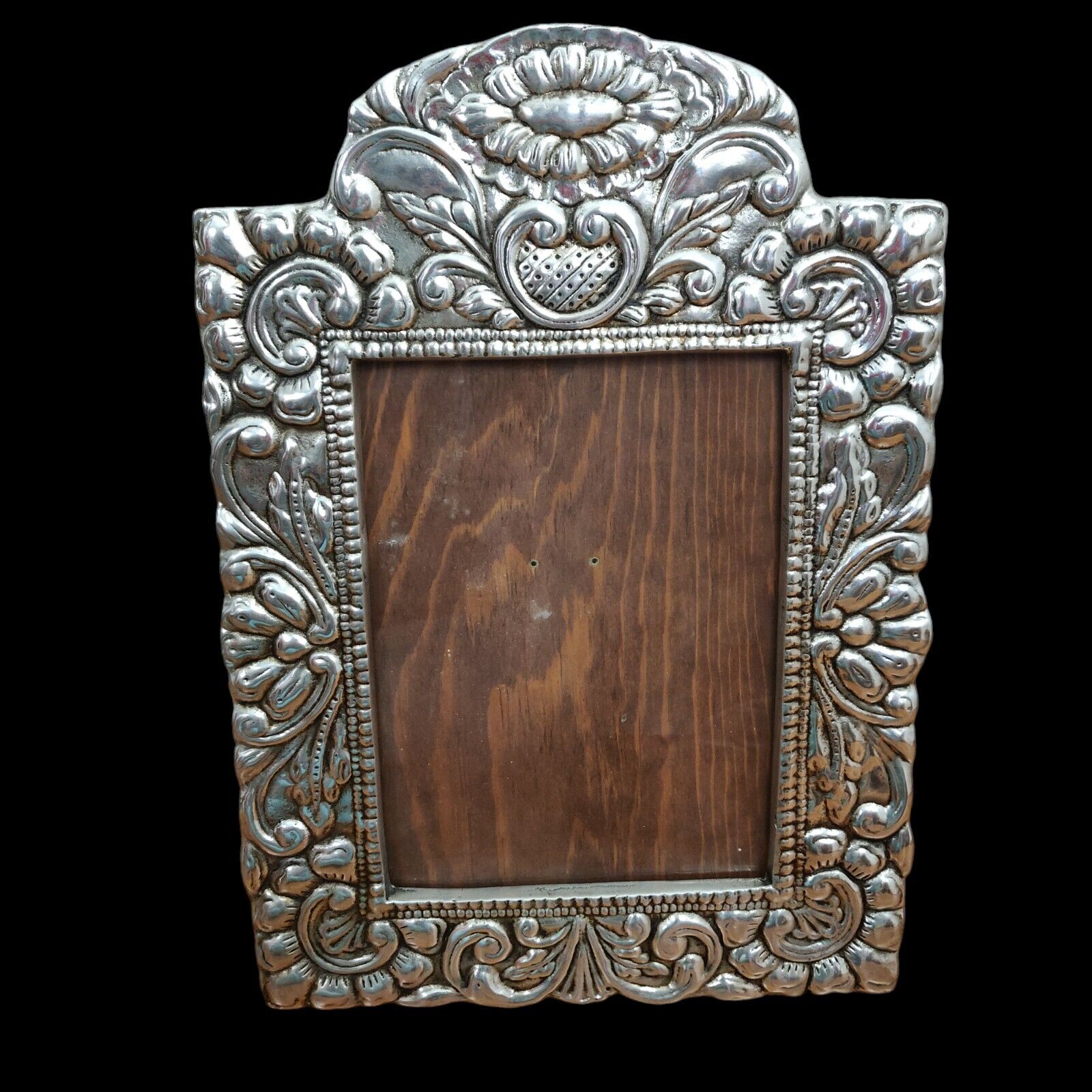 Vintage Ornate Mexican Pewter Picture Frame Wood Back Large 15