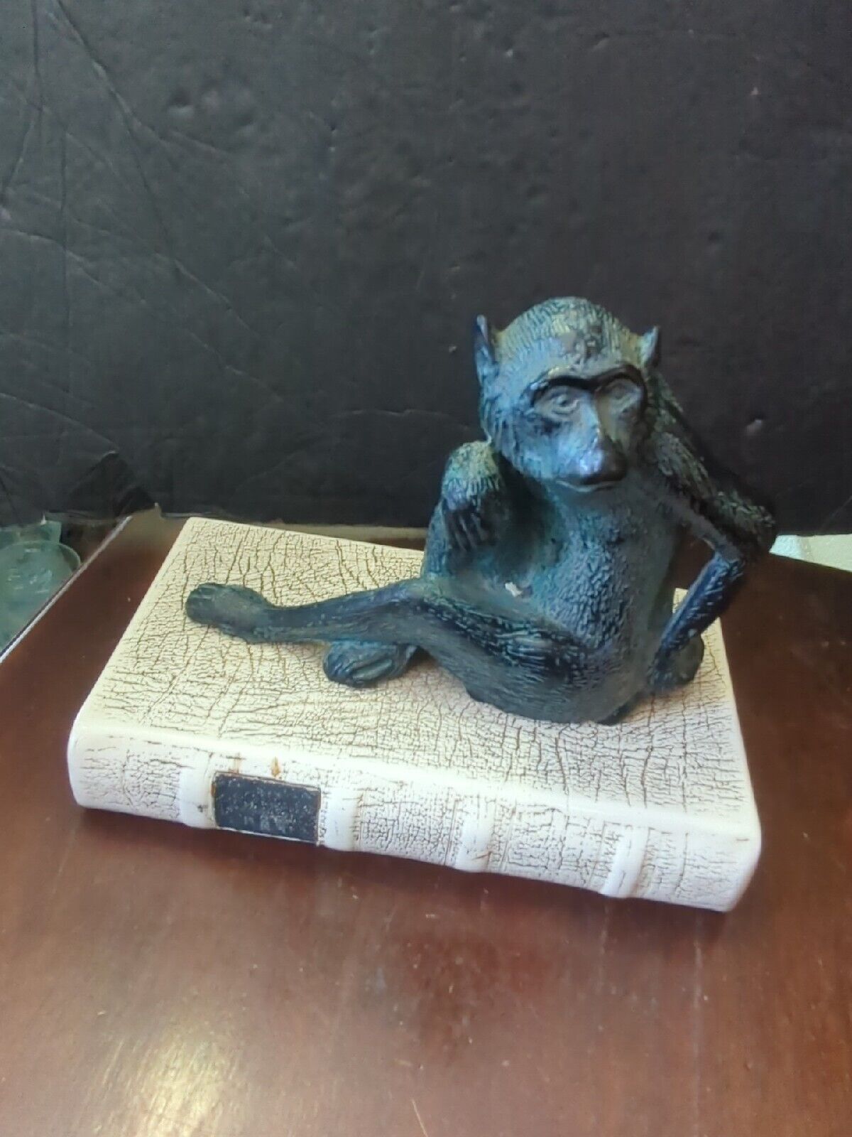 Vintage Bronze Monkey On Curiosity Shop Book Bookend Sculpture Figurine