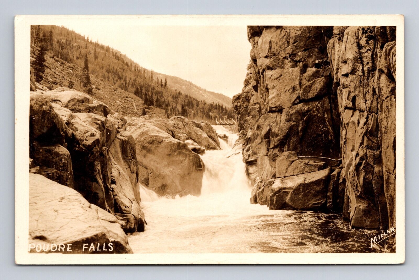 RPPC Postcard Bellvue CO Colorado Poudre River Falls AZO Sepia Real Photo