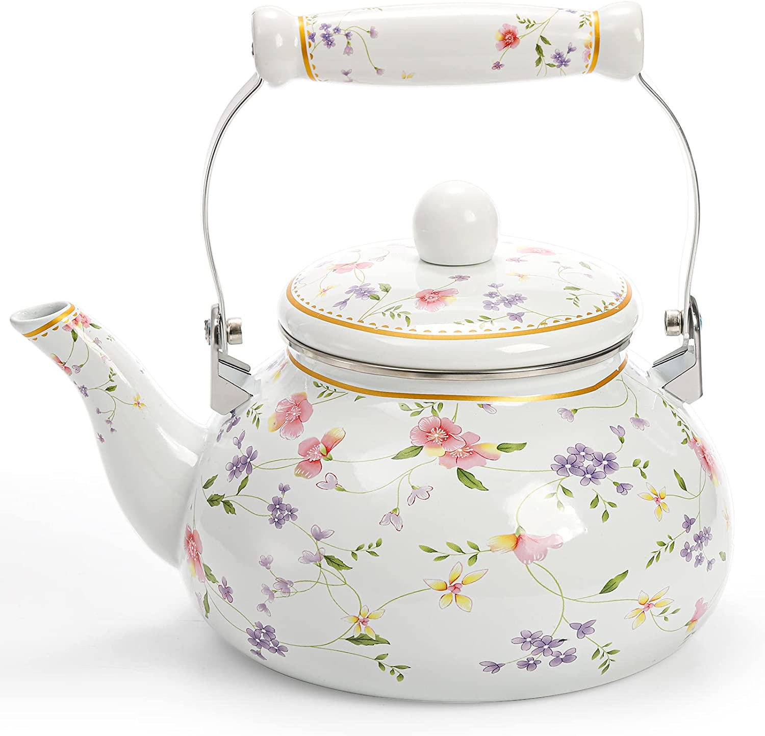 Vintage Enamel Tea Kettle, 2.6 Quart Floral Enamel on Steel Water Kettle Teapot 