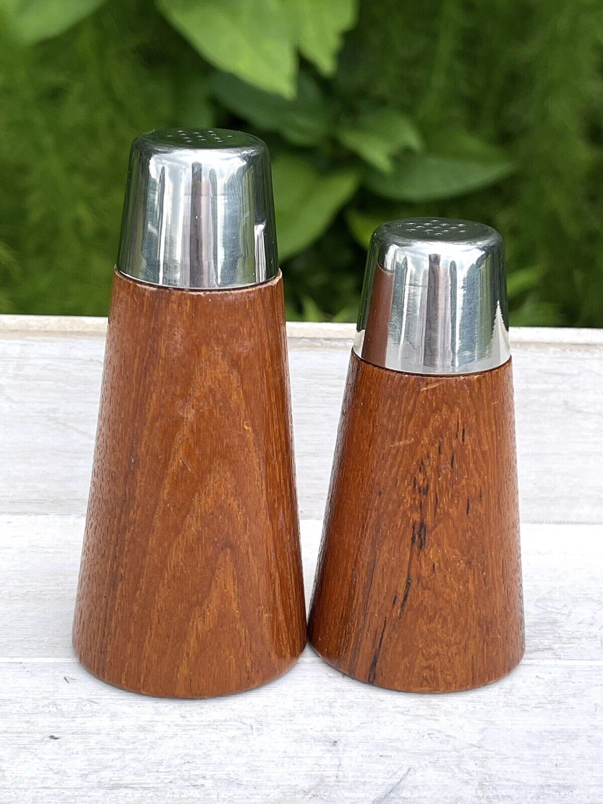 Vintage MCM Teak Wood Metal Salt & Pepper Shakers