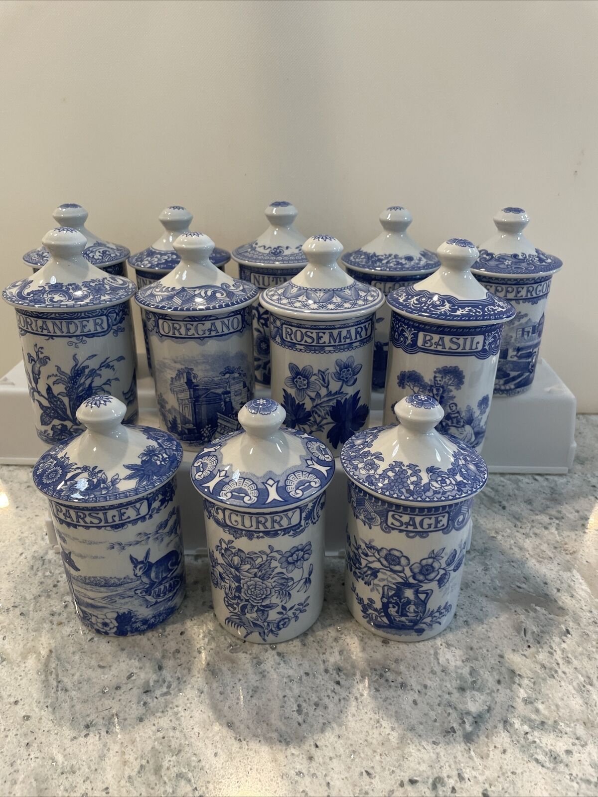 Vintage Spode Blue Room English Bone China Spice Jars-Set of 12 Excellent Cond.