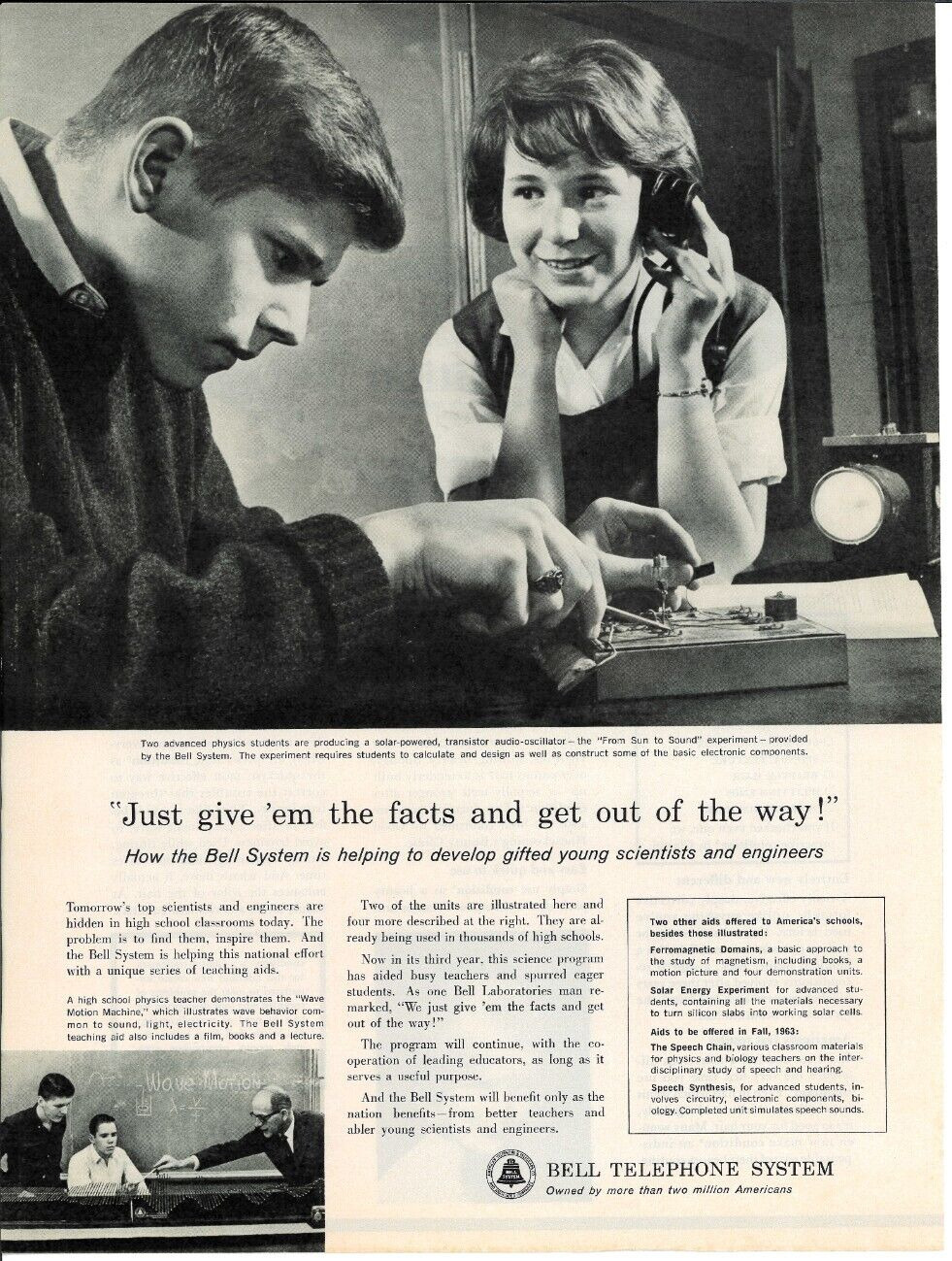 1963 BELL TELEPHONE SYSTEM Education Engineers Scientists Kids Vintage Print Ad