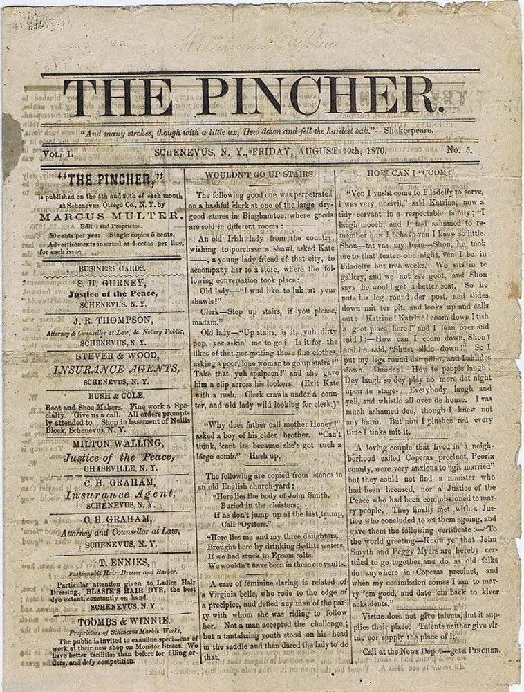 The Pincher, Schenevus, NY Vol 1, No. 5; August 30, 1870 VERY RARE Circus issue