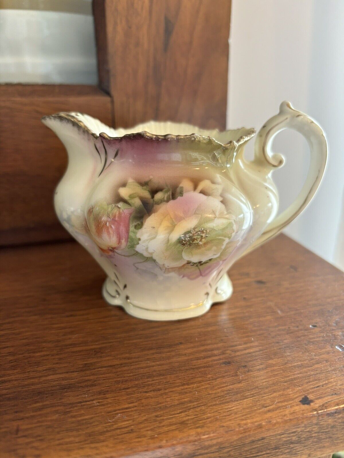 Antique RS Prussia Creamer White With Gold Trim With Flowers 