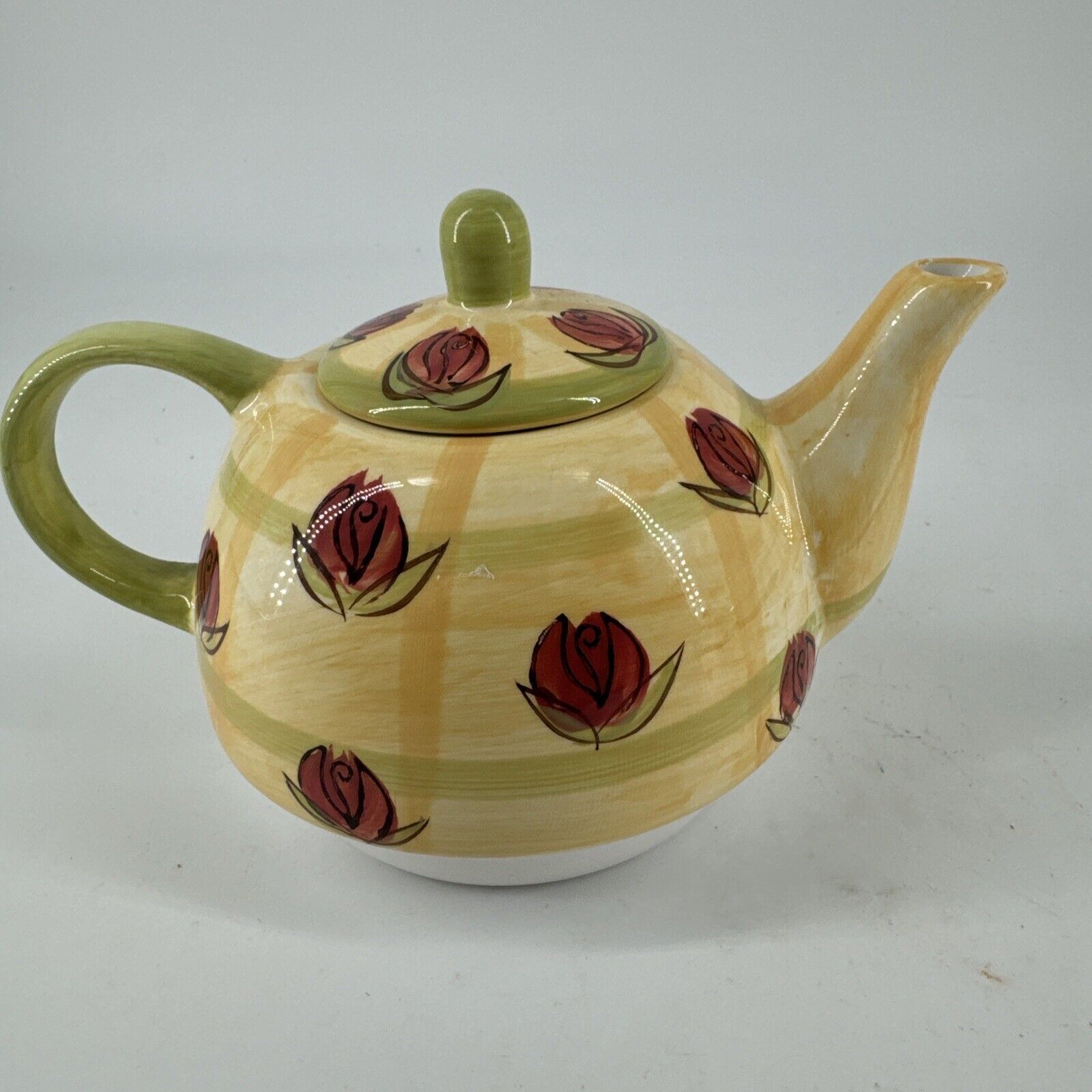 Royal Norfolk Ceramic Yellow & Green Teapot Red Rose Flower Buds 4.25” T x 6.2”W