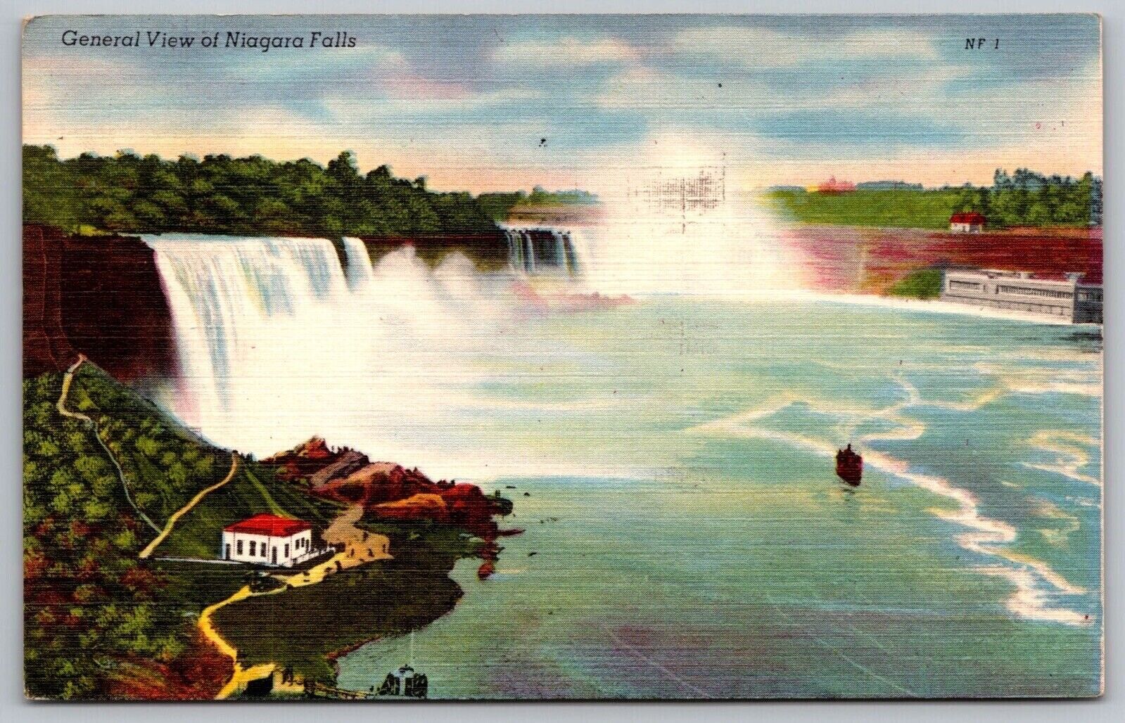 General Birds Eye View Niagara Falls Waterfalls Steamboat Vintage Linen Postcard