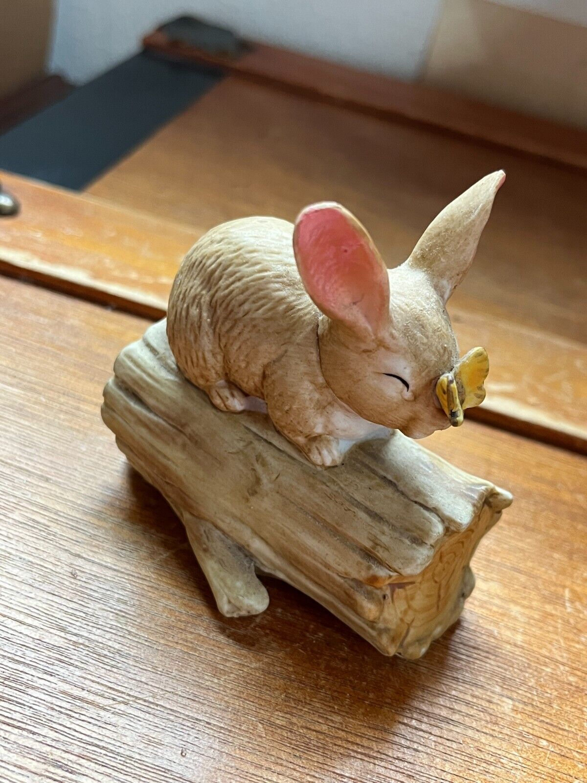 Vintage Ceramic Cute Bunny Rabbit on a Log w Yellow Butterfly on Its Nose Figuri