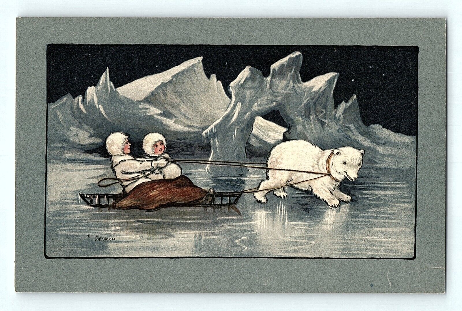 Eskimo Kids Riding Polar Bear Sleigh on Ice Ethel Parkinson Signed Postcard F1