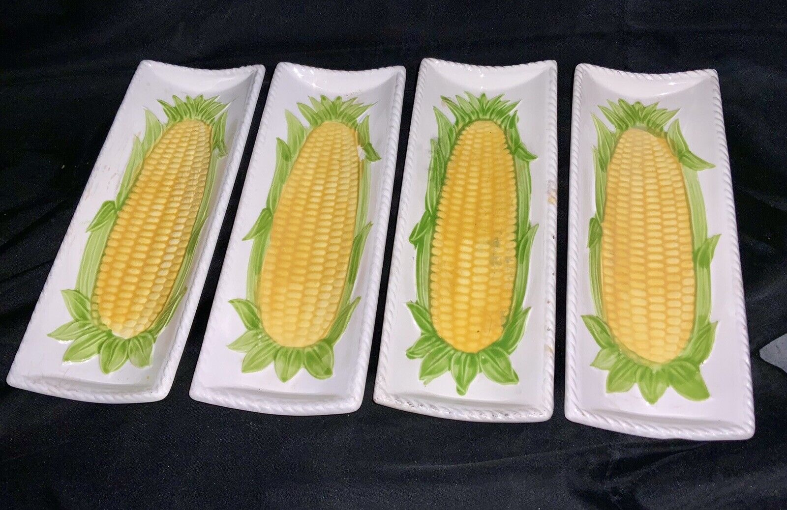 Set of 4 Vintage Knobler Japan Corn on the Cob Dishes Holder Plates