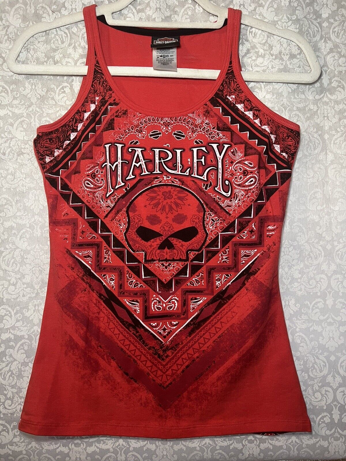 Woman’s Harley Davidson Orange and Black Skull Tank Style Top from Down Home HD