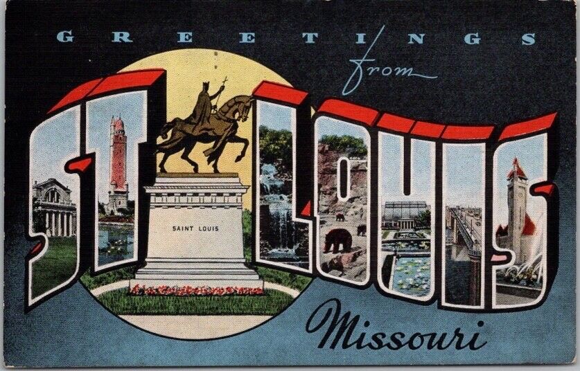 1945 Kropp Linen ST. LOUIS Missouri Large Letter Postcard St. Louis Statue