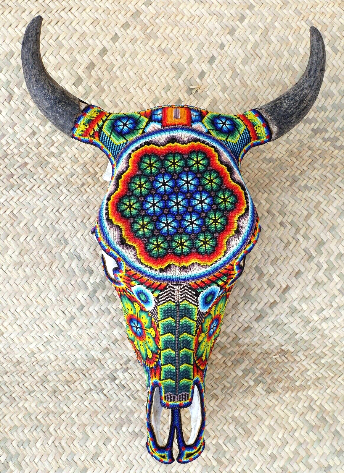 Huichol Indian Beaded Cow Skull Handmade Mexican Folk Art Peyote Removable Horns