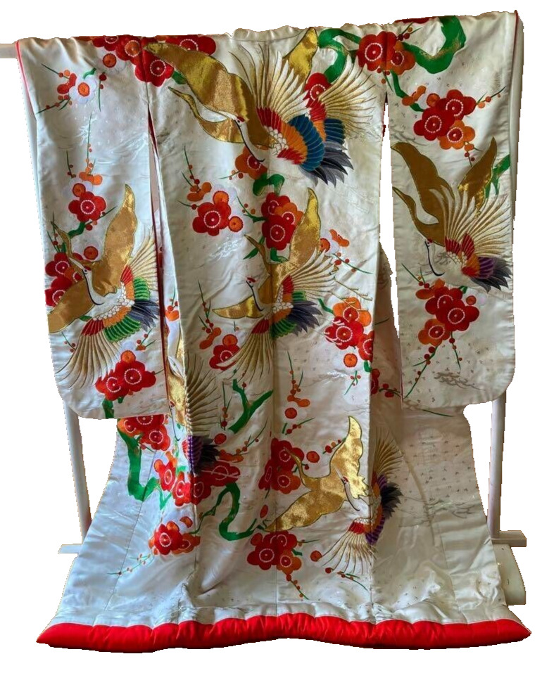 Japanese Kimono Uchikake Vintage Gorgeous Gold crane flower embroidery  (u68)