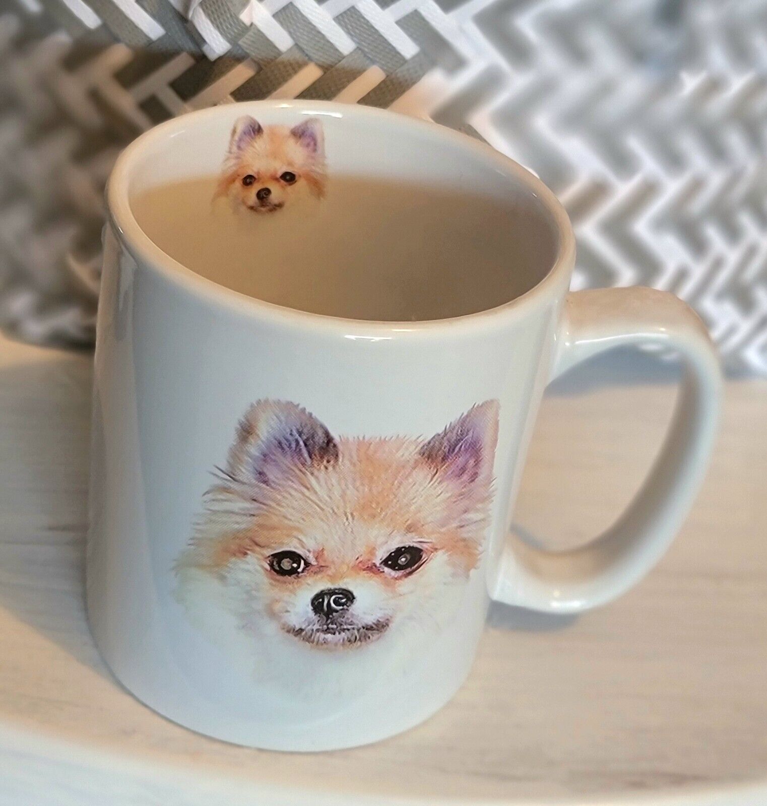 Pomeranian Puppy White Coffee Mug Picture Inside & Out Puppy Information On Back