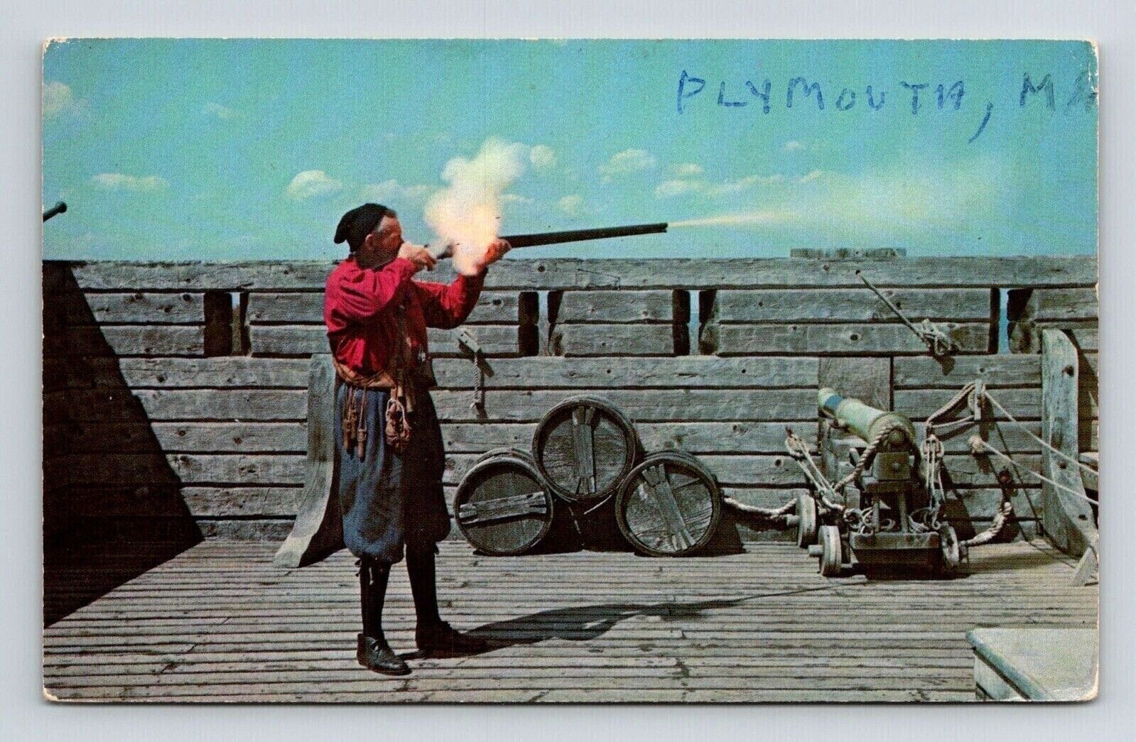 Plymouth Massachusetts MA Man Firing Matchlock Musket Canons Barrels Postcard
