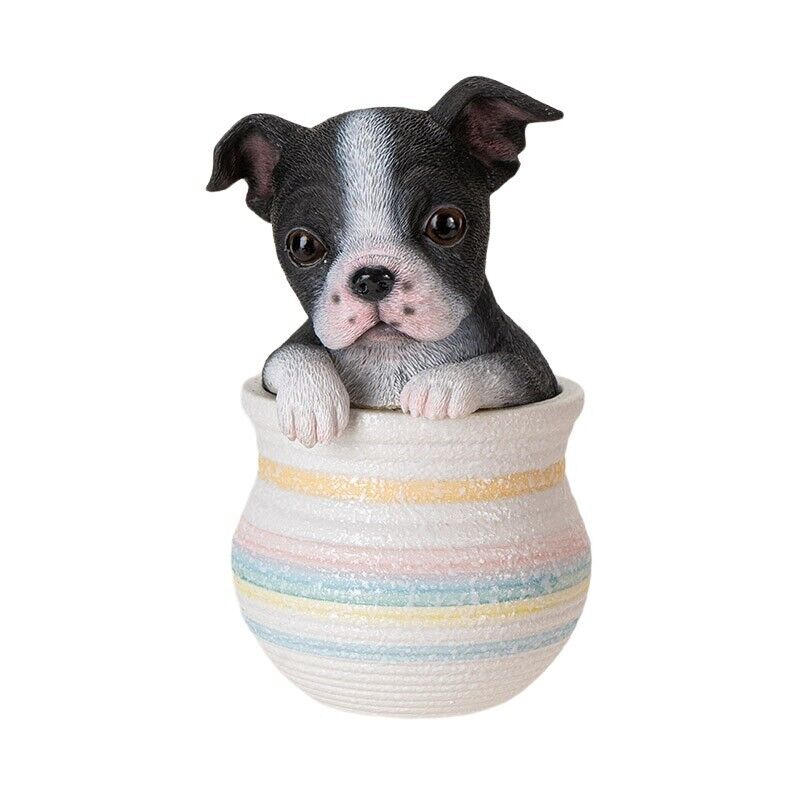 PT Pacific Trading Boston Terrier Dog in Cold Cast Resin Striped Pot
