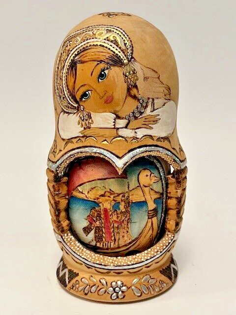 Vintage 5pc Matryoshka Russia Nesting Dolls Hand Painted Wood Burn Gold Foil