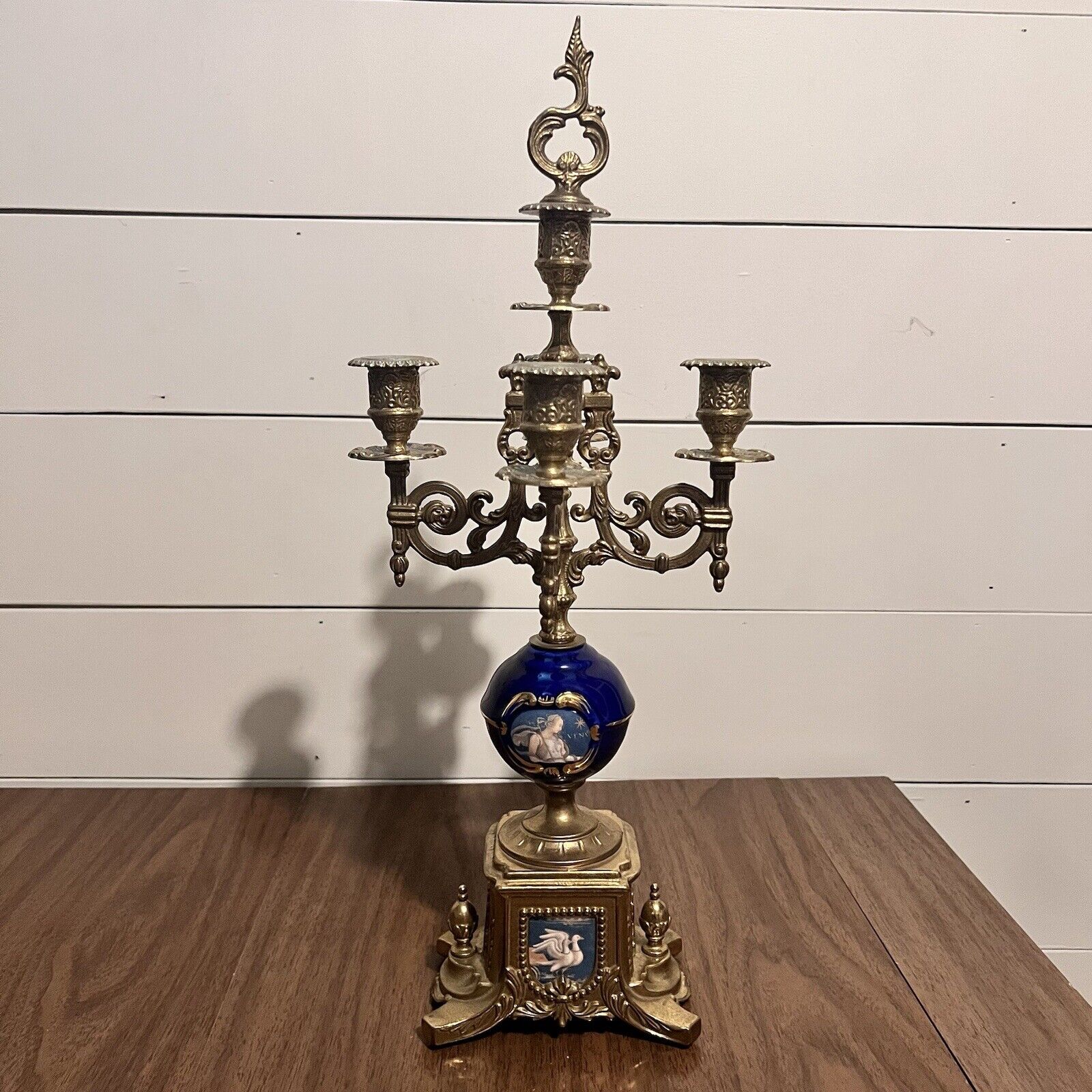 Candelabra Italian Brass Cobalt Blue Ornate Imperial Candle Stick Holder 1920s