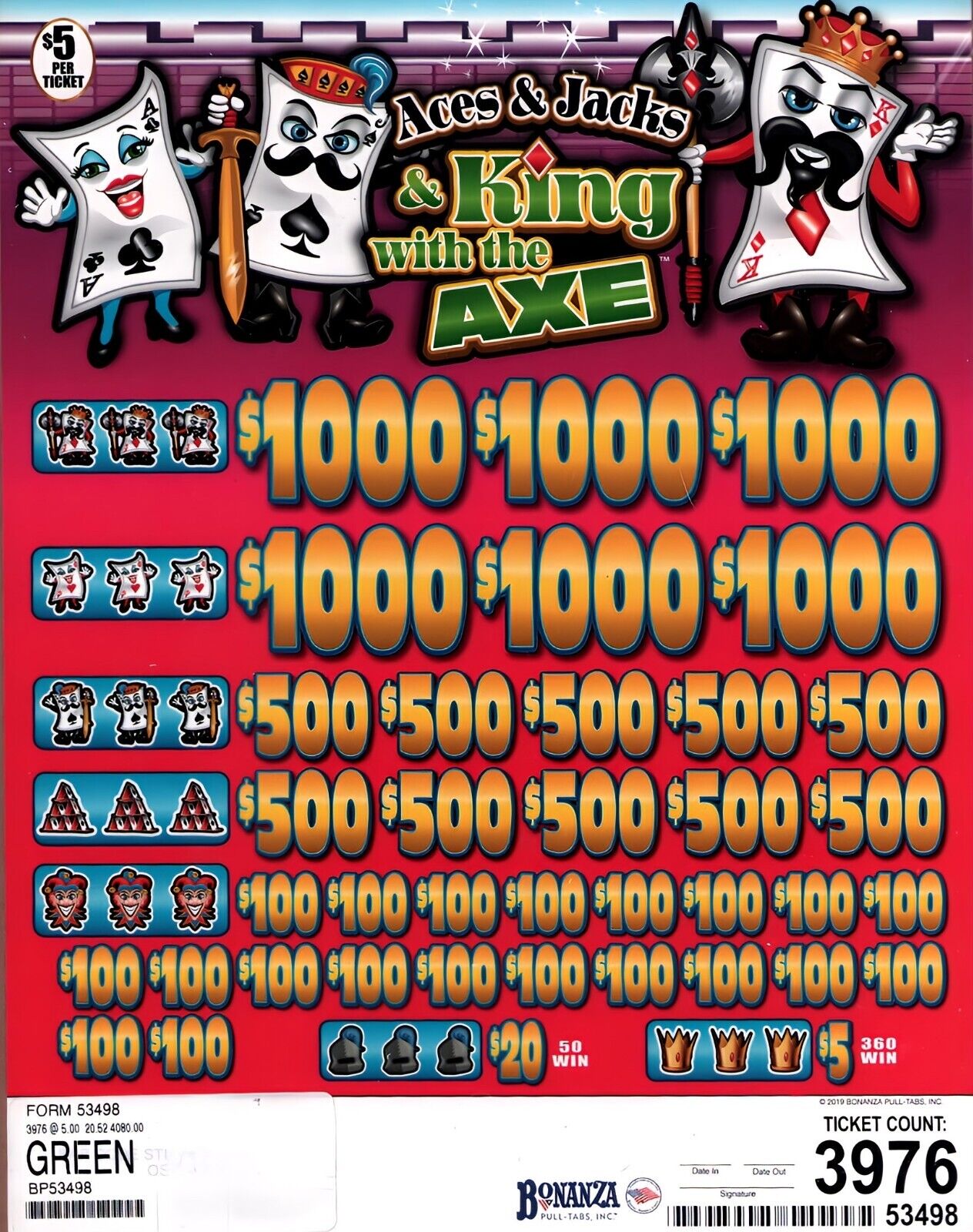 5 Window Pull Tab Tickets Game - Aces and Jacks & Kings with the Axe $5
