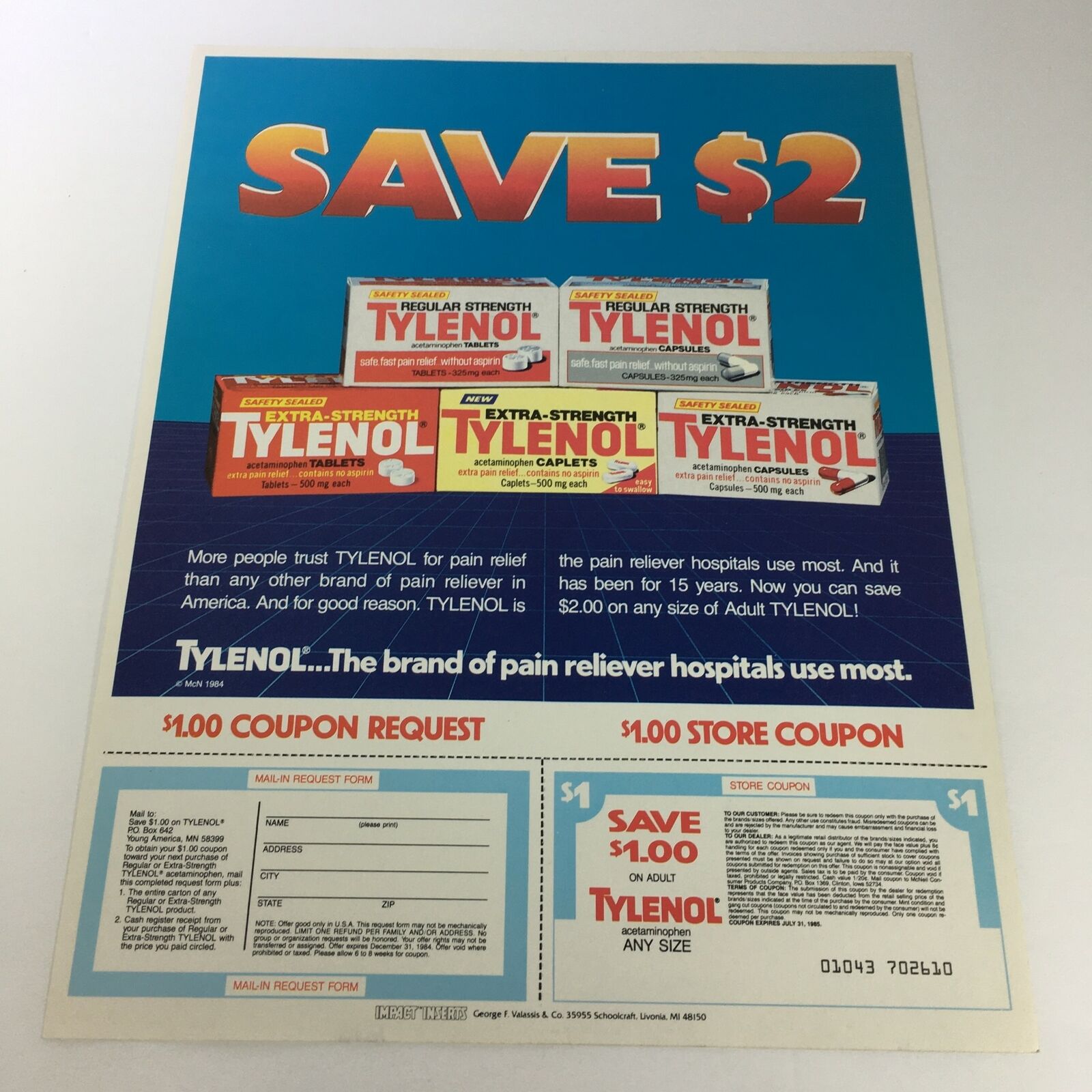 VTG Retro 1984 Tylenol Acetaminophen Pain Reliever Print Ad Coupon