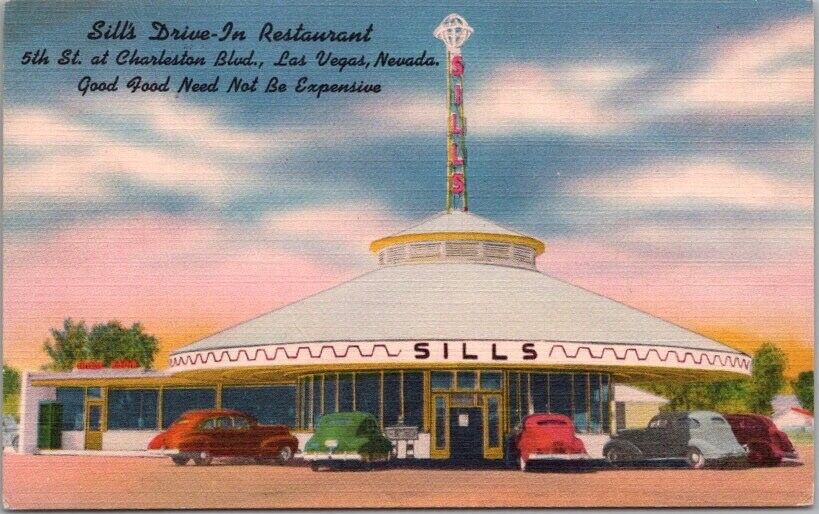 Vintage 1950s LAS VEGAS Nevada Postcard SILL\'S DRIVE-IN RESTAURANT Linen UNUSED