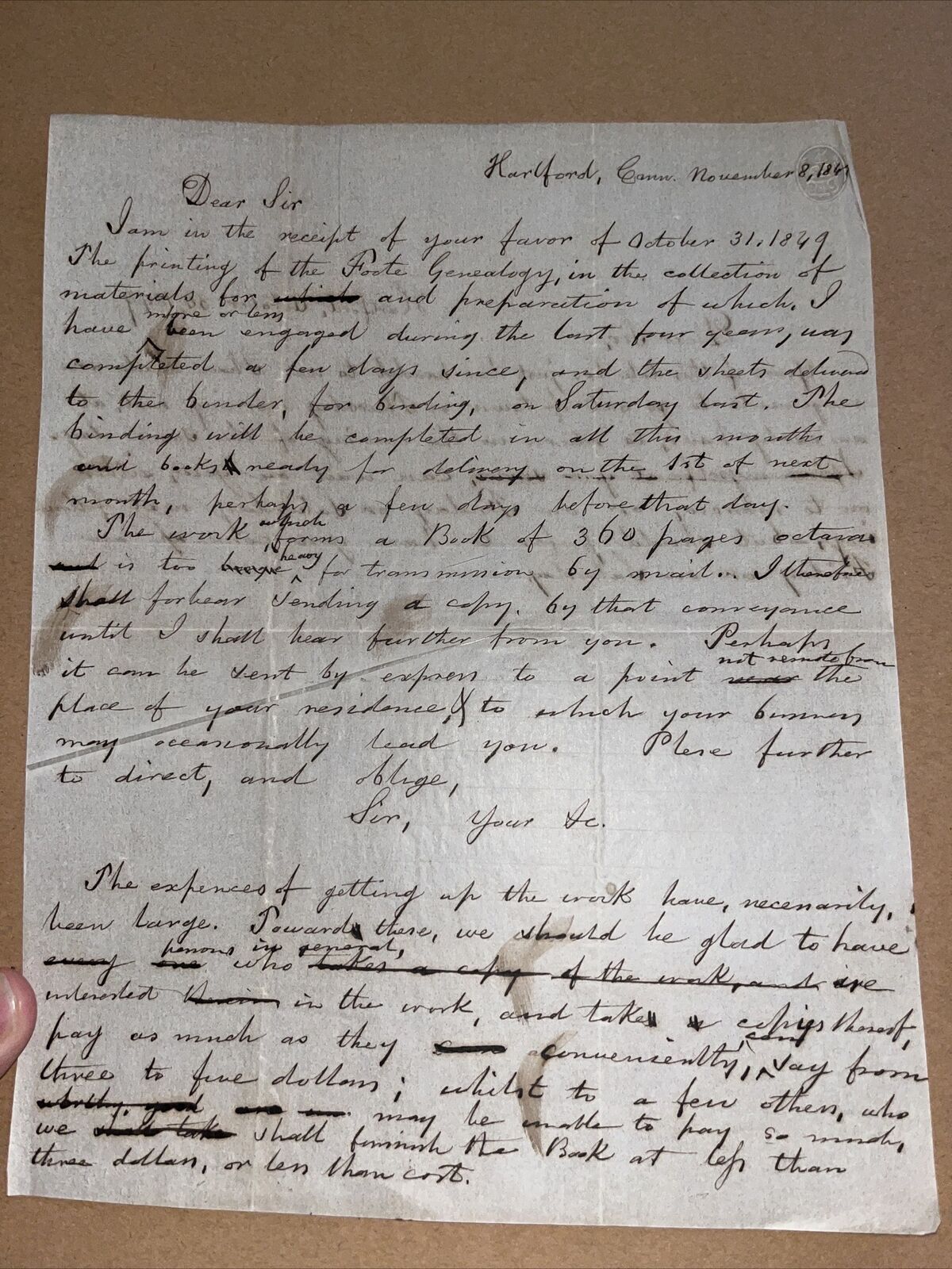 1849 Letter to Lawyer on Binding & Publishing of His Foote Foot Genealogy Book